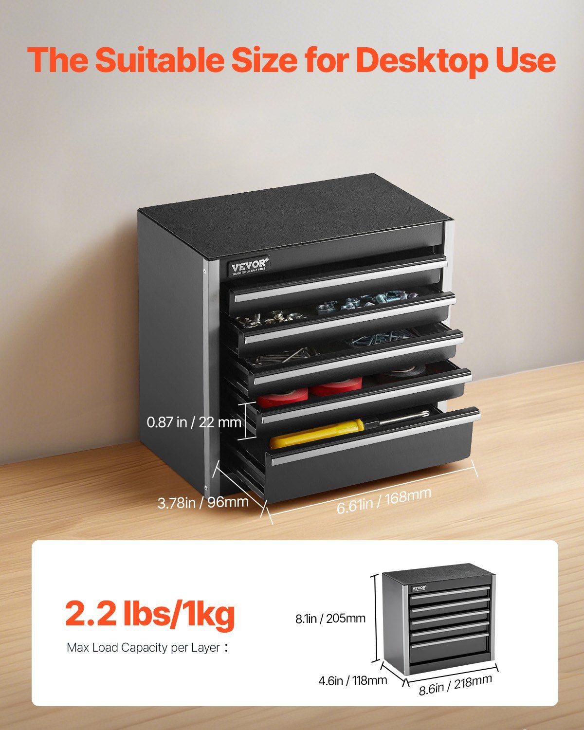 Metal Tool Box, 8.6-inch, Portable Metal Tool Box with 5 Drawers, Small Tool Chest with EVA Liners and PP Feet Pads, Heavy-Duty Steel With Ball Bearing Opening and Powder Coated Finish, Black - Image 2