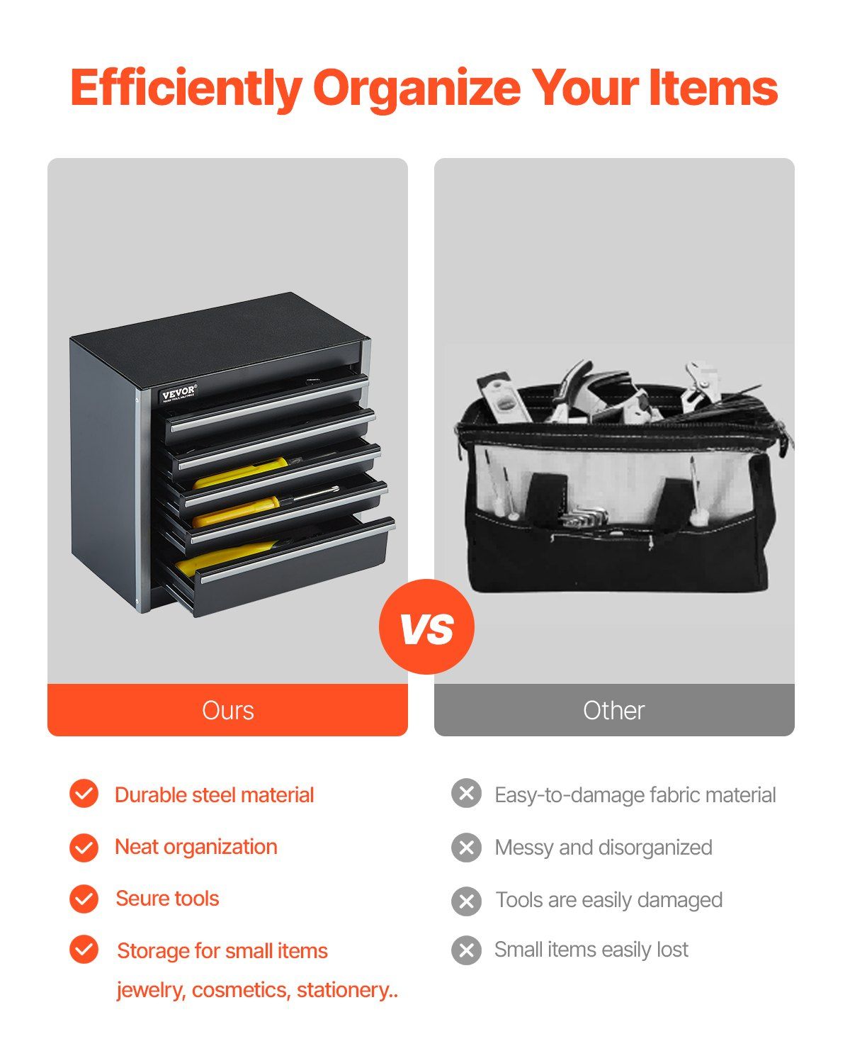Metal Tool Box, 8.6-inch, Portable Metal Tool Box with 5 Drawers, Small Tool Chest with EVA Liners and PP Feet Pads, Heavy-Duty Steel With Ball Bearing Opening and Powder Coated Finish, Black - Image 3