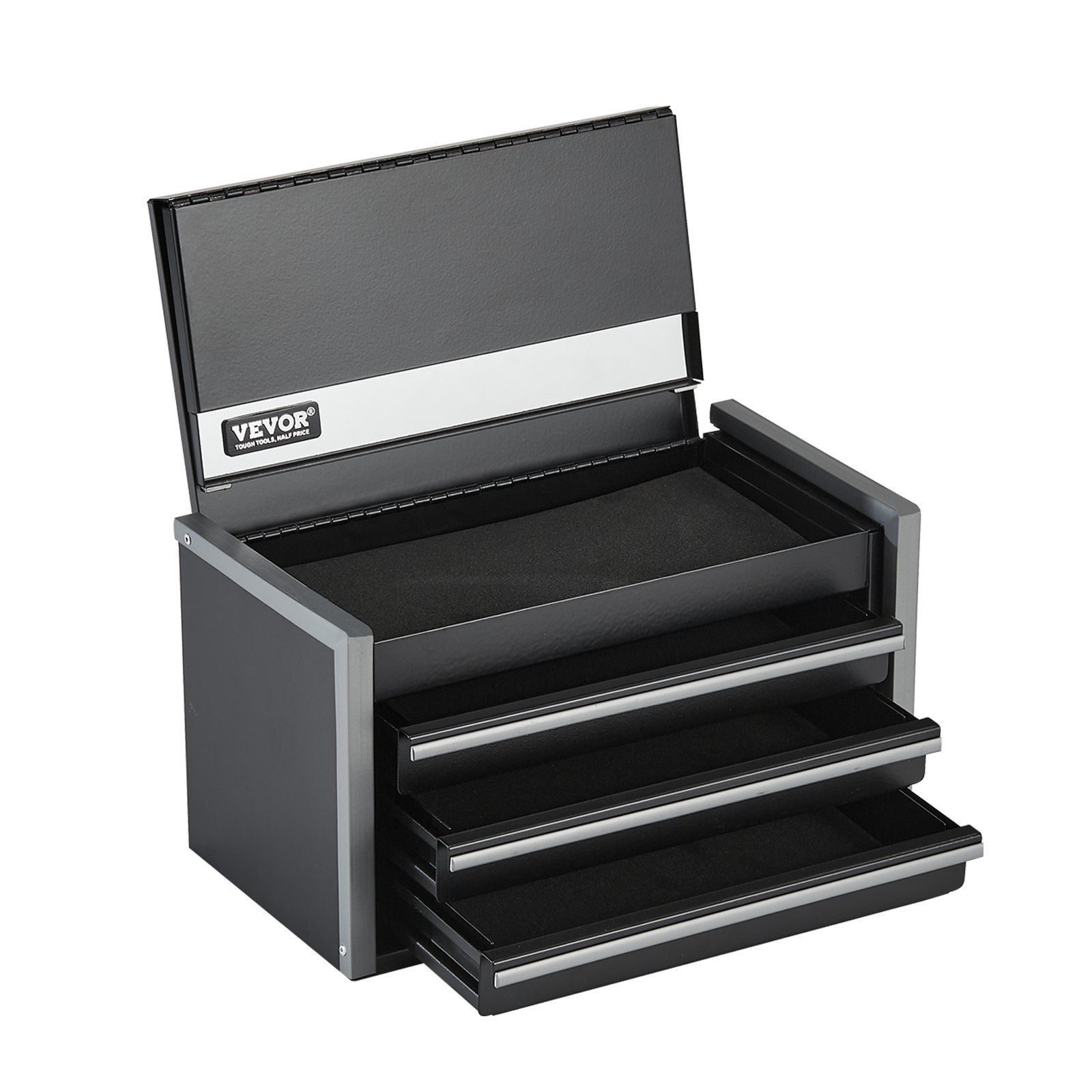 Metal Tool Box, 8.6-inch, Portable Metal Tool Box with 3 Drawers, Small Tool Chest with EVA Liners and PP Feet Pads, Heavy-Duty Steel With Ball Bearing Opening and Powder Coated Finish, Black - Image 1
