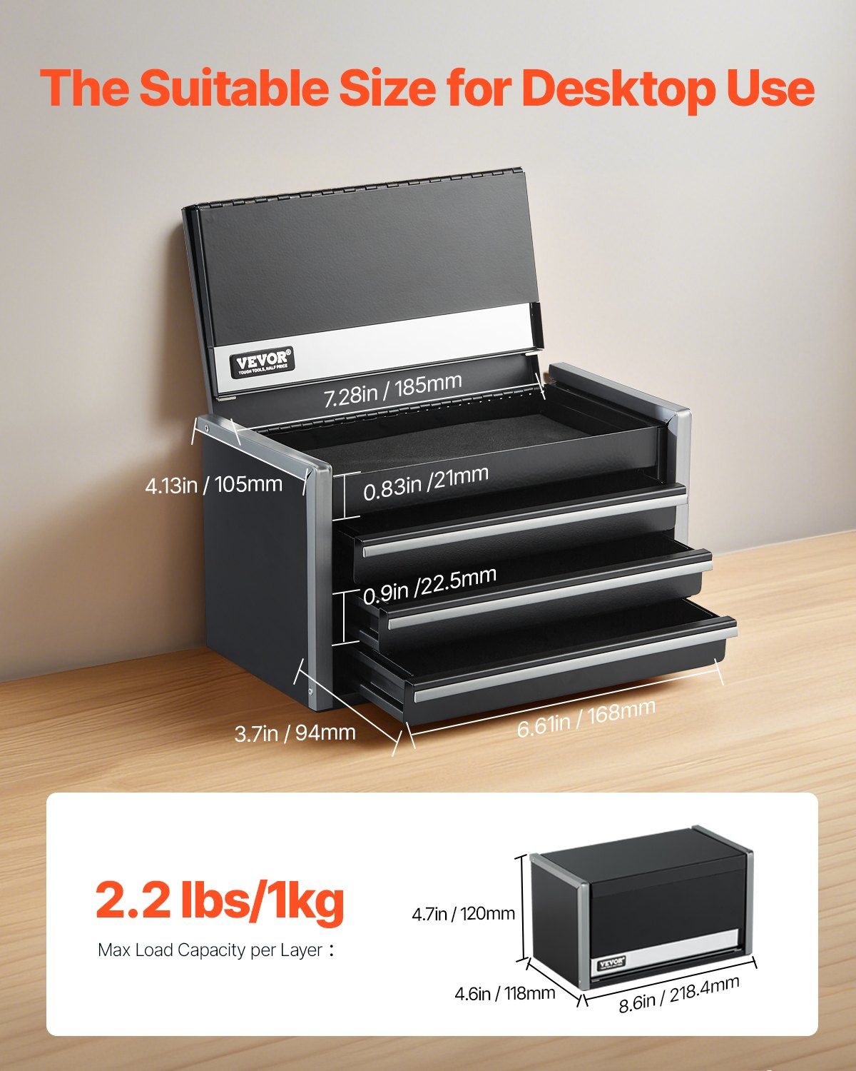Metal Tool Box, 8.6-inch, Portable Metal Tool Box with 3 Drawers, Small Tool Chest with EVA Liners and PP Feet Pads, Heavy-Duty Steel With Ball Bearing Opening and Powder Coated Finish, Black - Image 2