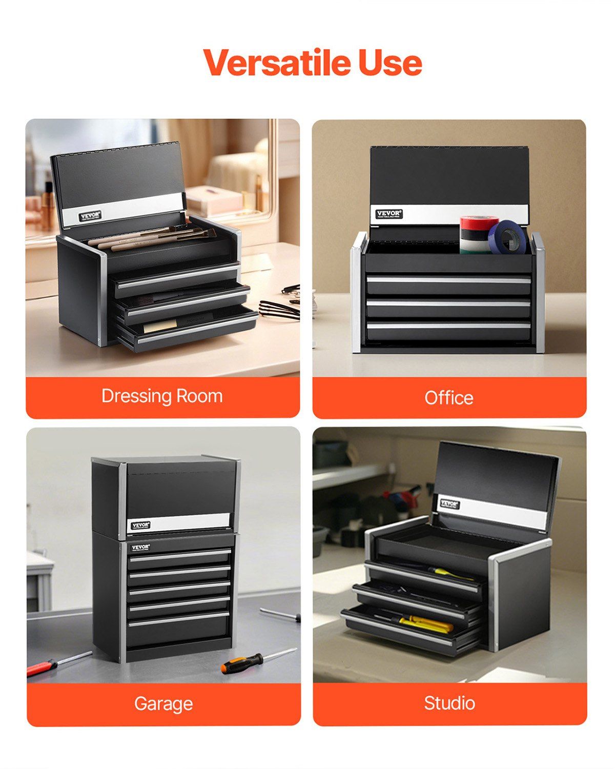 Metal Tool Box, 8.6-inch, Portable Metal Tool Box with 3 Drawers, Small Tool Chest with EVA Liners and PP Feet Pads, Heavy-Duty Steel With Ball Bearing Opening and Powder Coated Finish, Black - Image 5