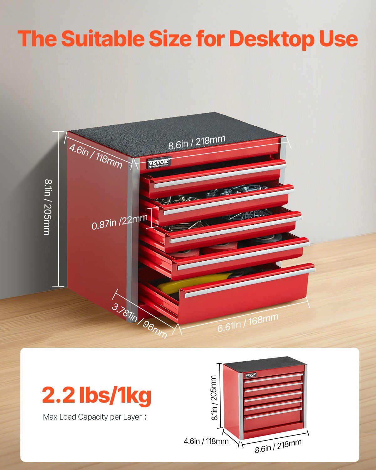 Metal Tool Box, 8.6-inch, Portable Metal Tool Box with 5 Drawers, Small Tool Chest with EVA Liners and PP Feet Pads, Heavy-Duty Steel With Ball Bearing Opening and Powder Coated Finish, Red - Image 2