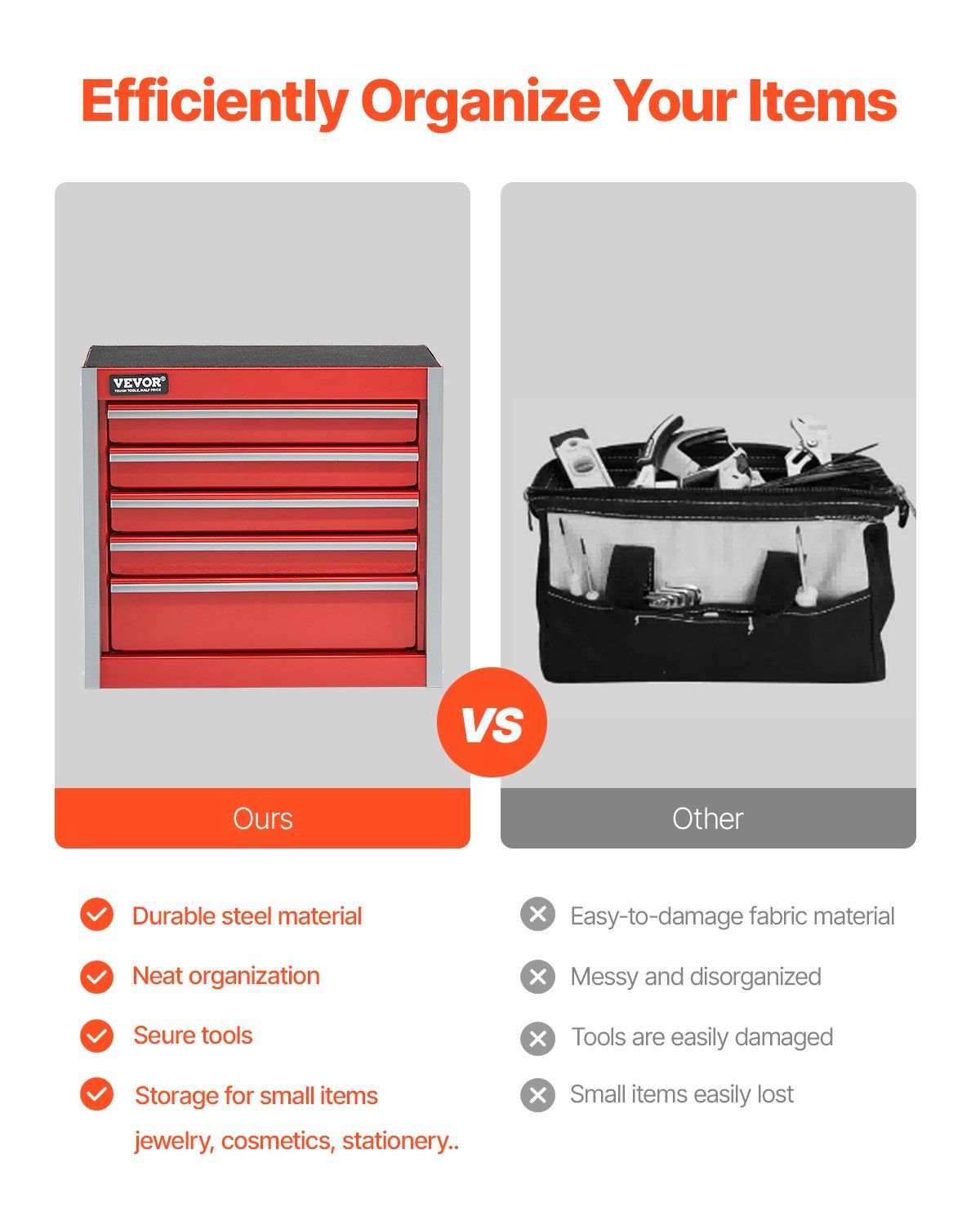 Metal Tool Box, 8.6-inch, Portable Metal Tool Box with 5 Drawers, Small Tool Chest with EVA Liners and PP Feet Pads, Heavy-Duty Steel With Ball Bearing Opening and Powder Coated Finish, Red - Image 3