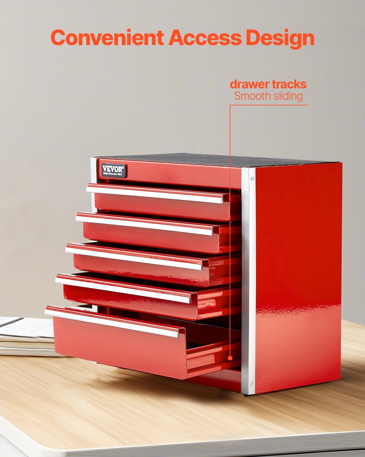 Metal Tool Box, 8.6-inch, Portable Metal Tool Box with 5 Drawers, Small Tool Chest with EVA Liners and PP Feet Pads, Heavy-Duty Steel With Ball Bearing Opening and Powder Coated Finish, Red - Image 4
