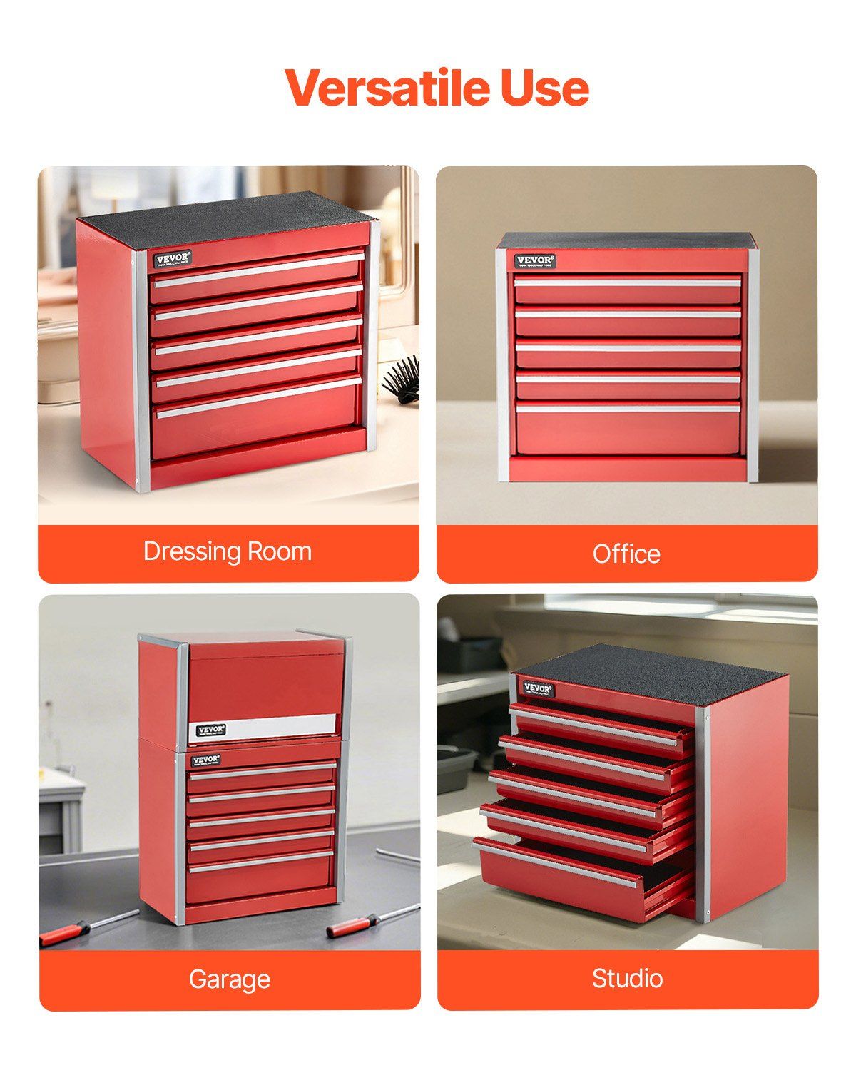 Metal Tool Box, 8.6-inch, Portable Metal Tool Box with 5 Drawers, Small Tool Chest with EVA Liners and PP Feet Pads, Heavy-Duty Steel With Ball Bearing Opening and Powder Coated Finish, Red - Image 5