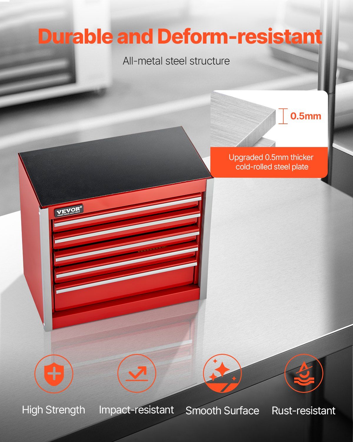 Metal Tool Box, 8.6-inch, Portable Metal Tool Box with 5 Drawers, Small Tool Chest with EVA Liners and PP Feet Pads, Heavy-Duty Steel With Ball Bearing Opening and Powder Coated Finish, Red - Image 6