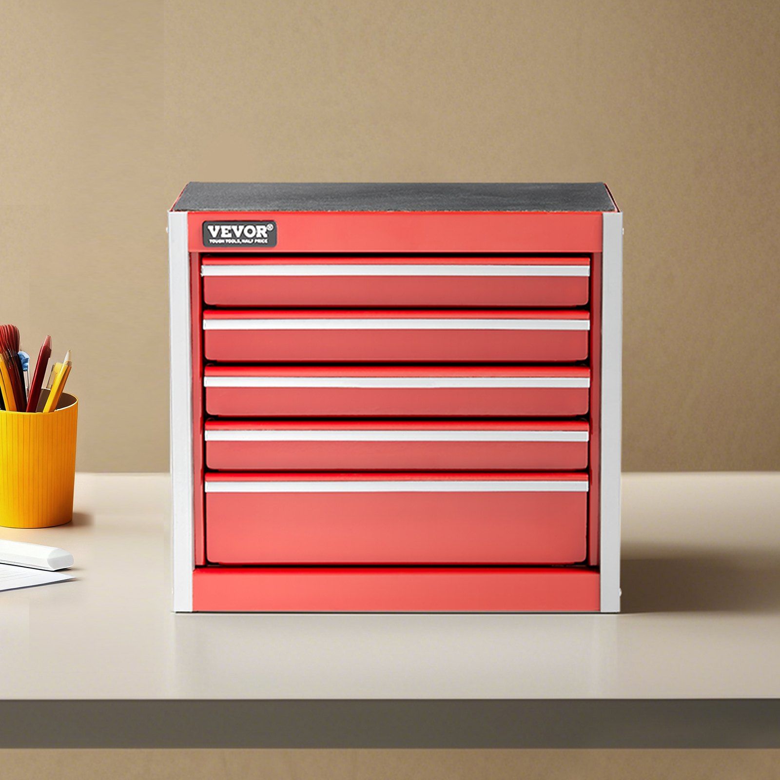 Metal Tool Box, 8.6-inch, Portable Metal Tool Box with 5 Drawers, Small Tool Chest with EVA Liners and PP Feet Pads, Heavy-Duty Steel With Ball Bearing Opening and Powder Coated Finish, Red - Image 8