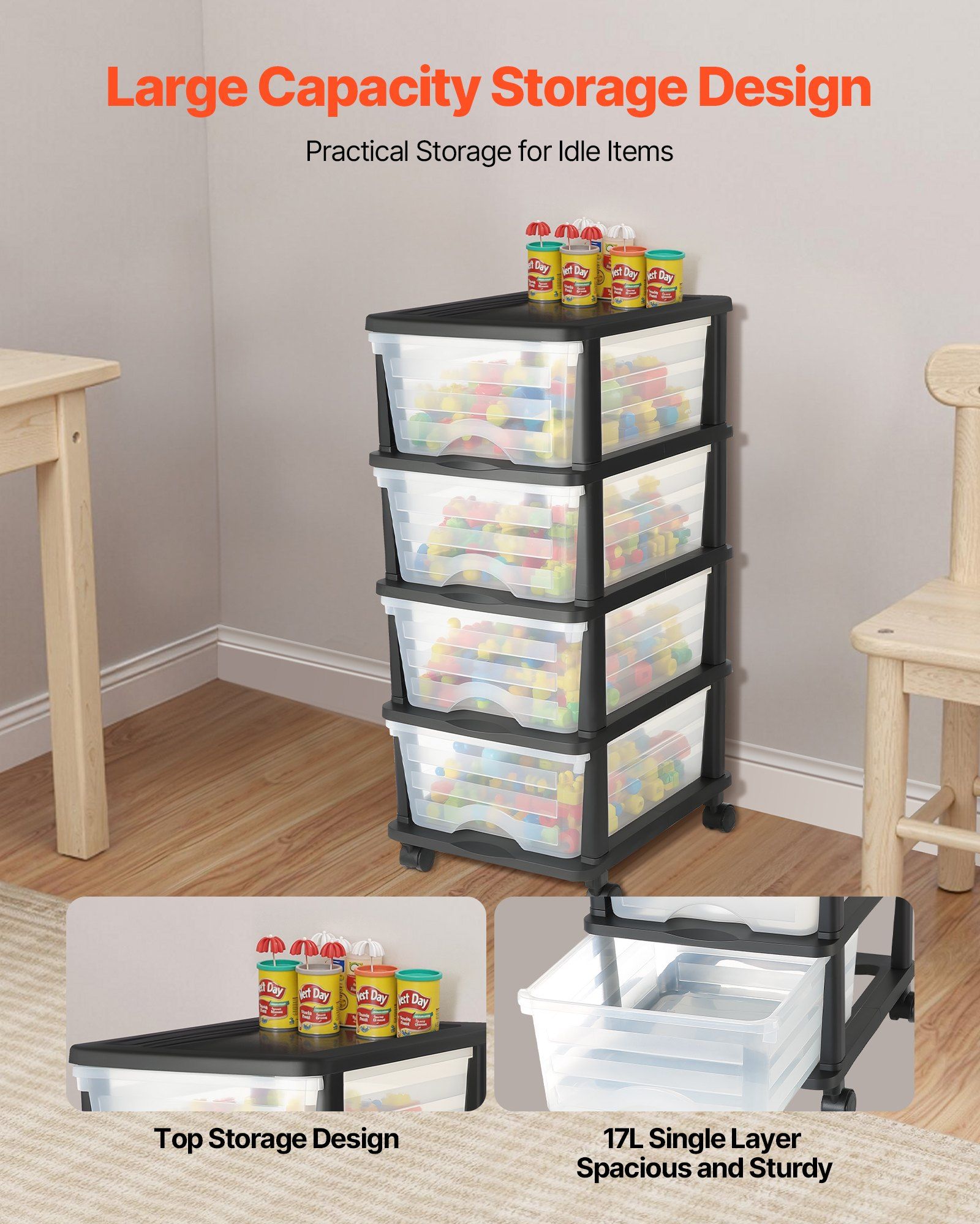 Plastic Storage Drawers Cart, 4 Drawers Storage Organizer with Wheels, Rolling Closet Organization and Storage Dividers, Dresser Organizer Clear Bins for Office Supplies, Craft Rooms, Classrooms - Image 2