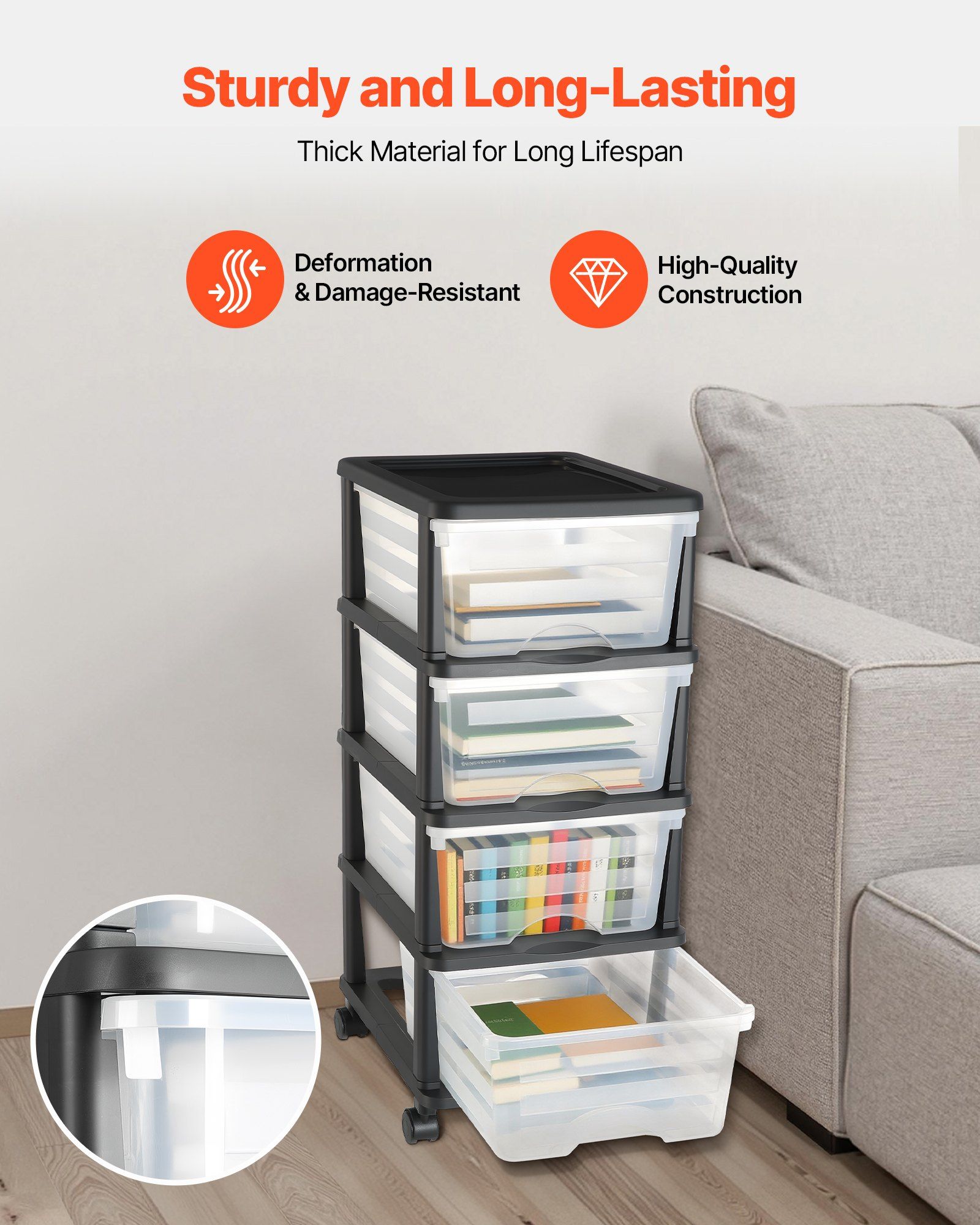 Plastic Storage Drawers Cart, 4 Drawers Storage Organizer with Wheels, Rolling Closet Organization and Storage Dividers, Dresser Organizer Clear Bins for Office Supplies, Craft Rooms, Classrooms - Image 3