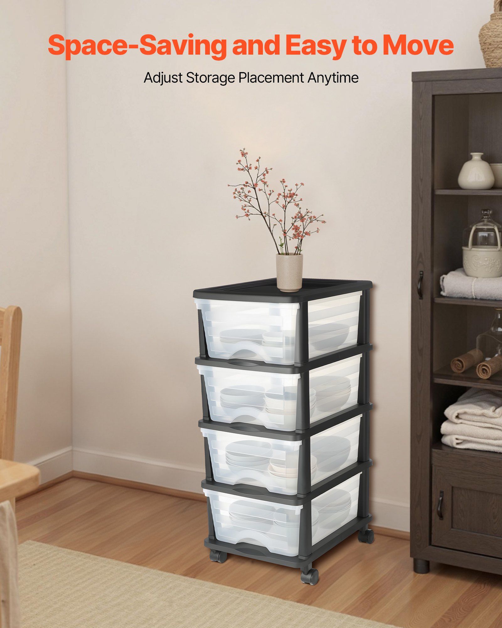 Plastic Storage Drawers Cart, 4 Drawers Storage Organizer with Wheels, Rolling Closet Organization and Storage Dividers, Dresser Organizer Clear Bins for Office Supplies, Craft Rooms, Classrooms - Image 4