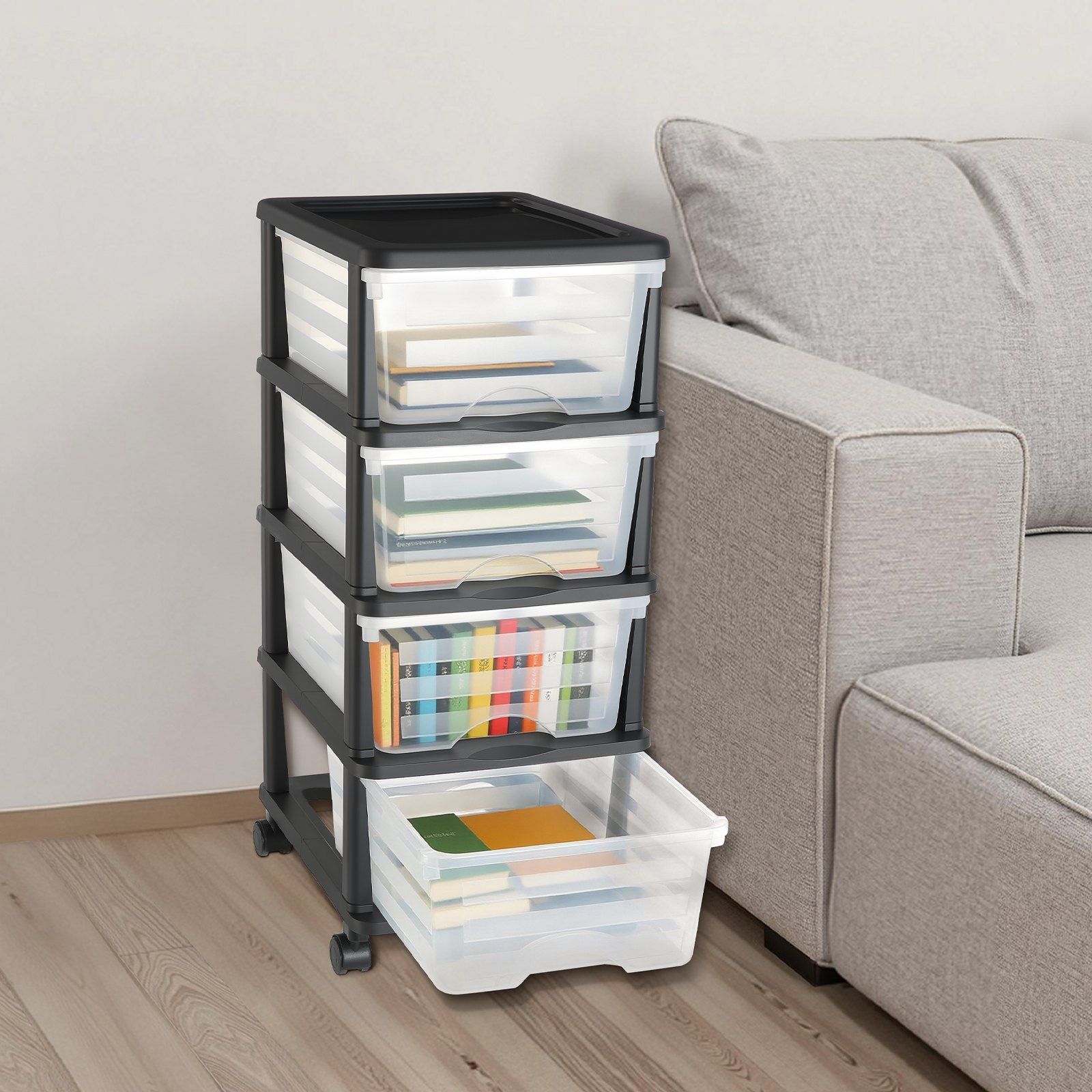 Plastic Storage Drawers Cart, 4 Drawers Storage Organizer with Wheels, Rolling Closet Organization and Storage Dividers, Dresser Organizer Clear Bins for Office Supplies, Craft Rooms, Classrooms - Image 8