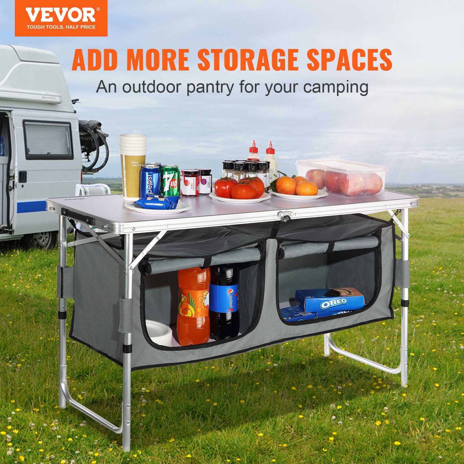 Camping Kitchen Table, Quick set-up Folding Camping Table with A Carrying Bag, 3 Adjustable Heights, MDF Camping Table, Ideal for Outdoor Picnics, BBQs, Camping, RV Traveling - Image 2
