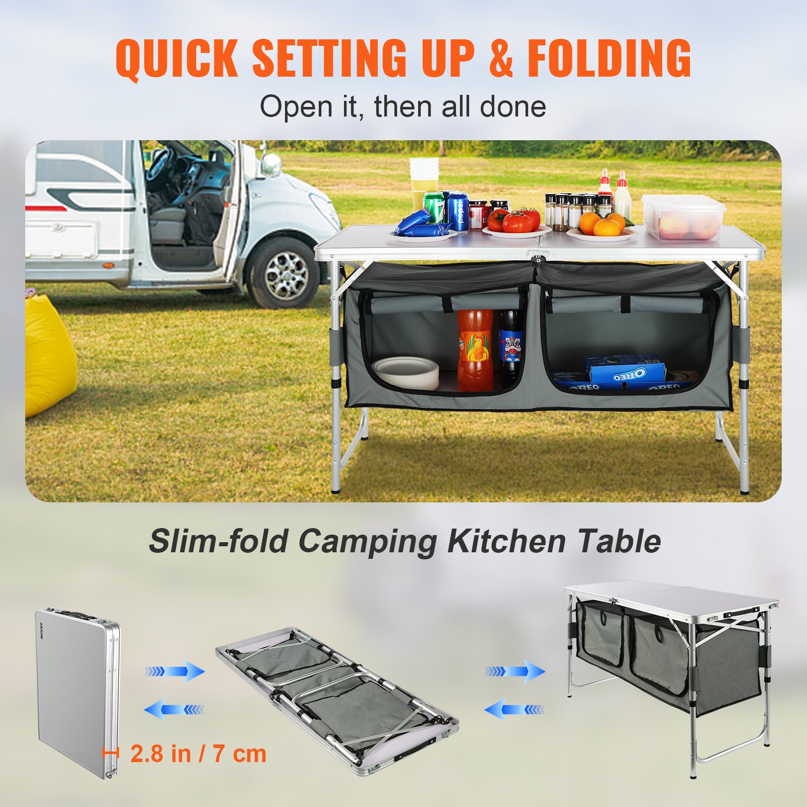 Camping Kitchen Table, Quick set-up Folding Camping Table with A Carrying Bag, 3 Adjustable Heights, MDF Camping Table, Ideal for Outdoor Picnics, BBQs, Camping, RV Traveling - Image 3