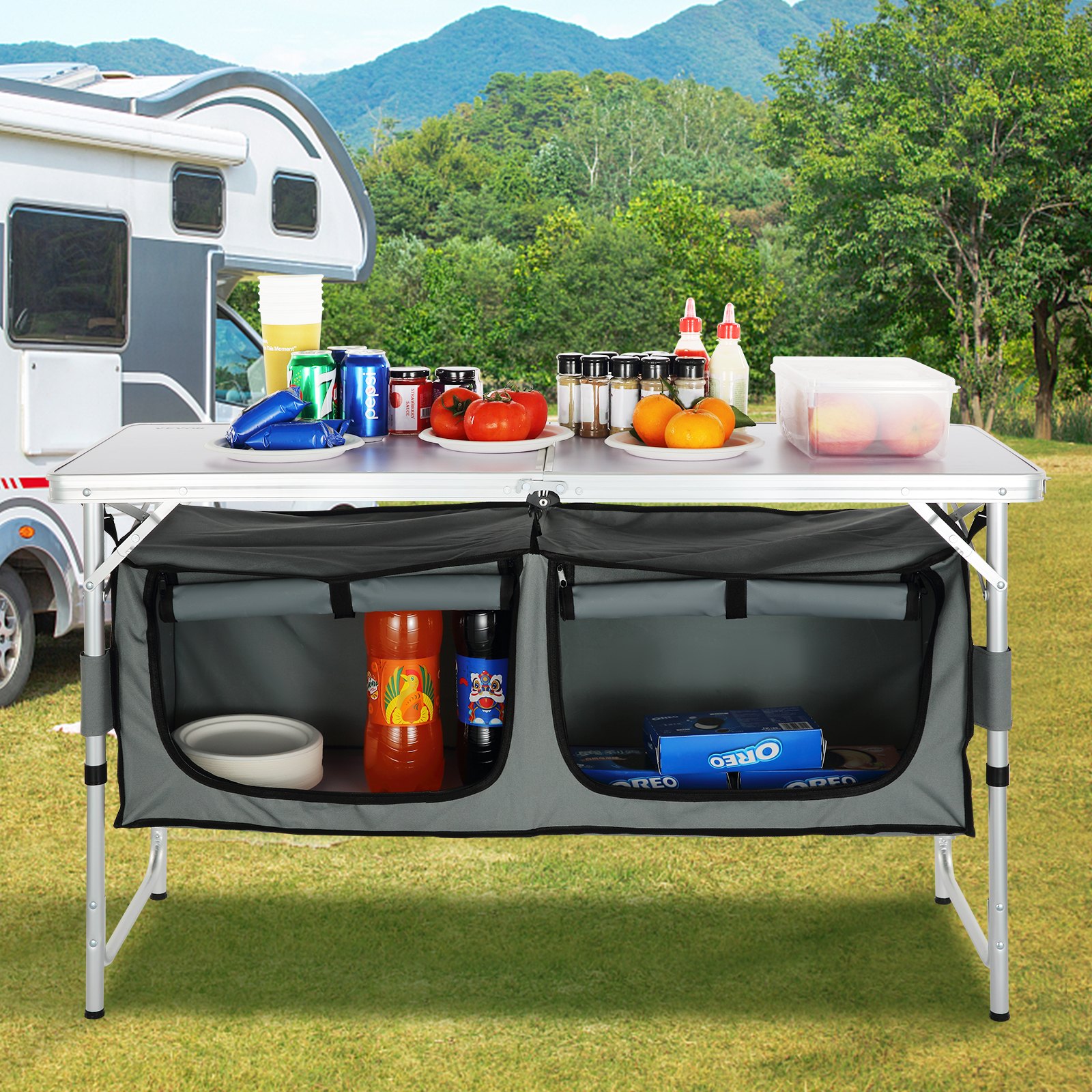 Camping Kitchen Table, Quick set-up Folding Camping Table with A Carrying Bag, 3 Adjustable Heights, MDF Camping Table, Ideal for Outdoor Picnics, BBQs, Camping, RV Traveling - Image 8