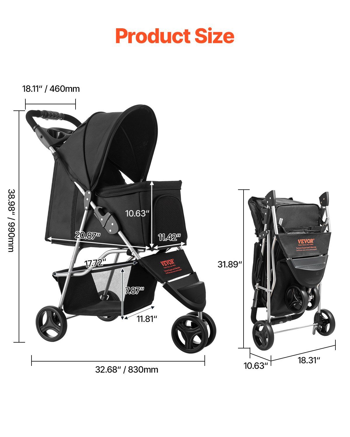 Pet Stroller, 16KG Weight Capacity, Foldable Dog Stroller Cart, 3 Wheels Cats Strollers with Mesh Windows and Cup Holders, Portable Pet Carrier Strollers with Brake, for Small to Medium Pets - Image 2