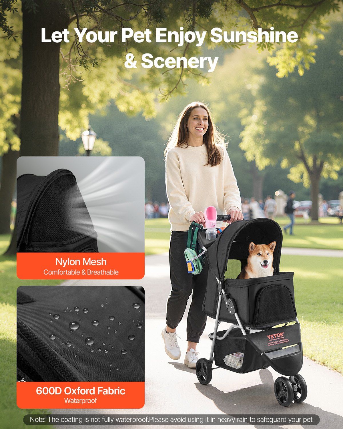 Pet Stroller, 16KG Weight Capacity, Foldable Dog Stroller Cart, 3 Wheels Cats Strollers with Mesh Windows and Cup Holders, Portable Pet Carrier Strollers with Brake, for Small to Medium Pets - Image 3