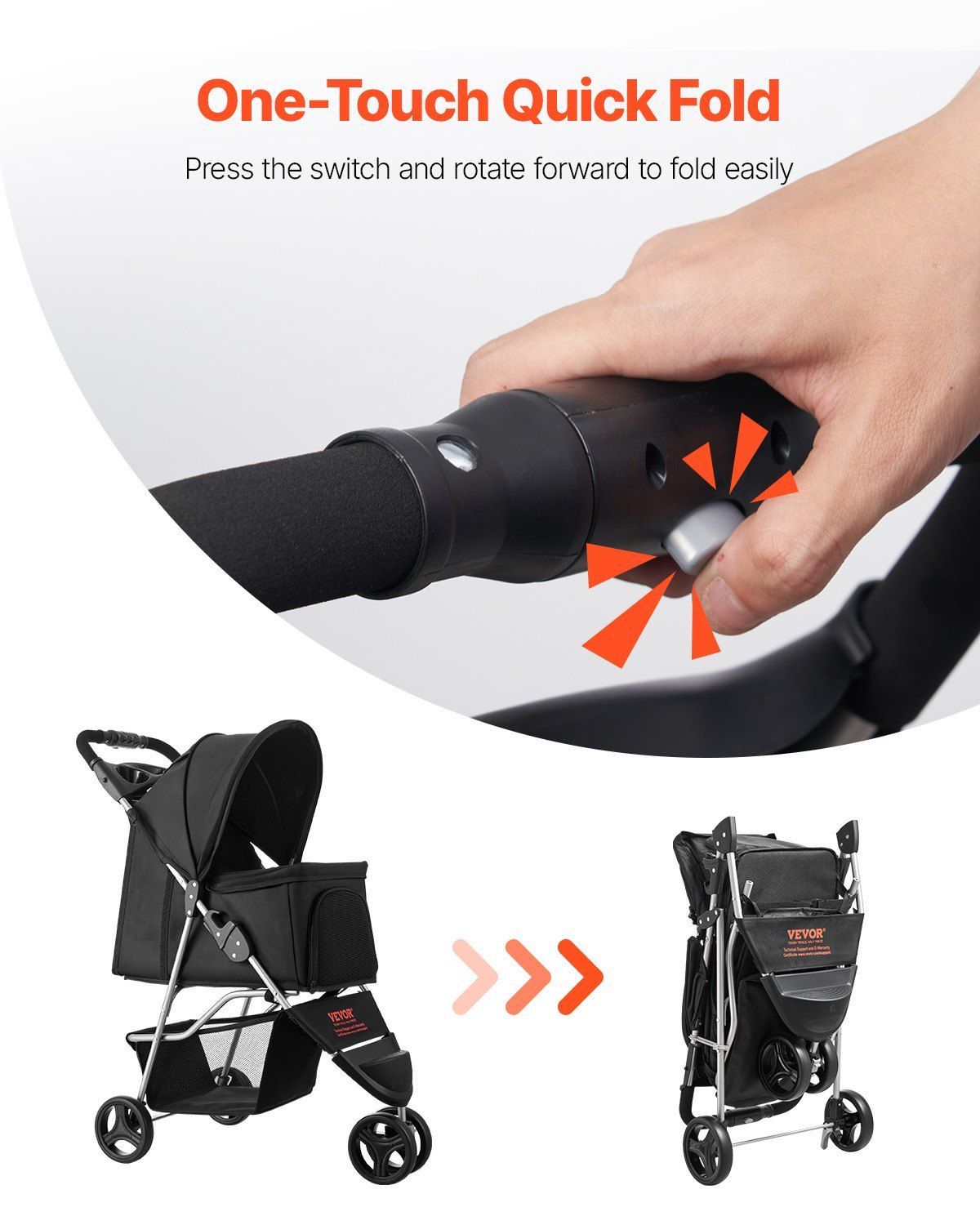 Pet Stroller, 16KG Weight Capacity, Foldable Dog Stroller Cart, 3 Wheels Cats Strollers with Mesh Windows and Cup Holders, Portable Pet Carrier Strollers with Brake, for Small to Medium Pets - Image 5