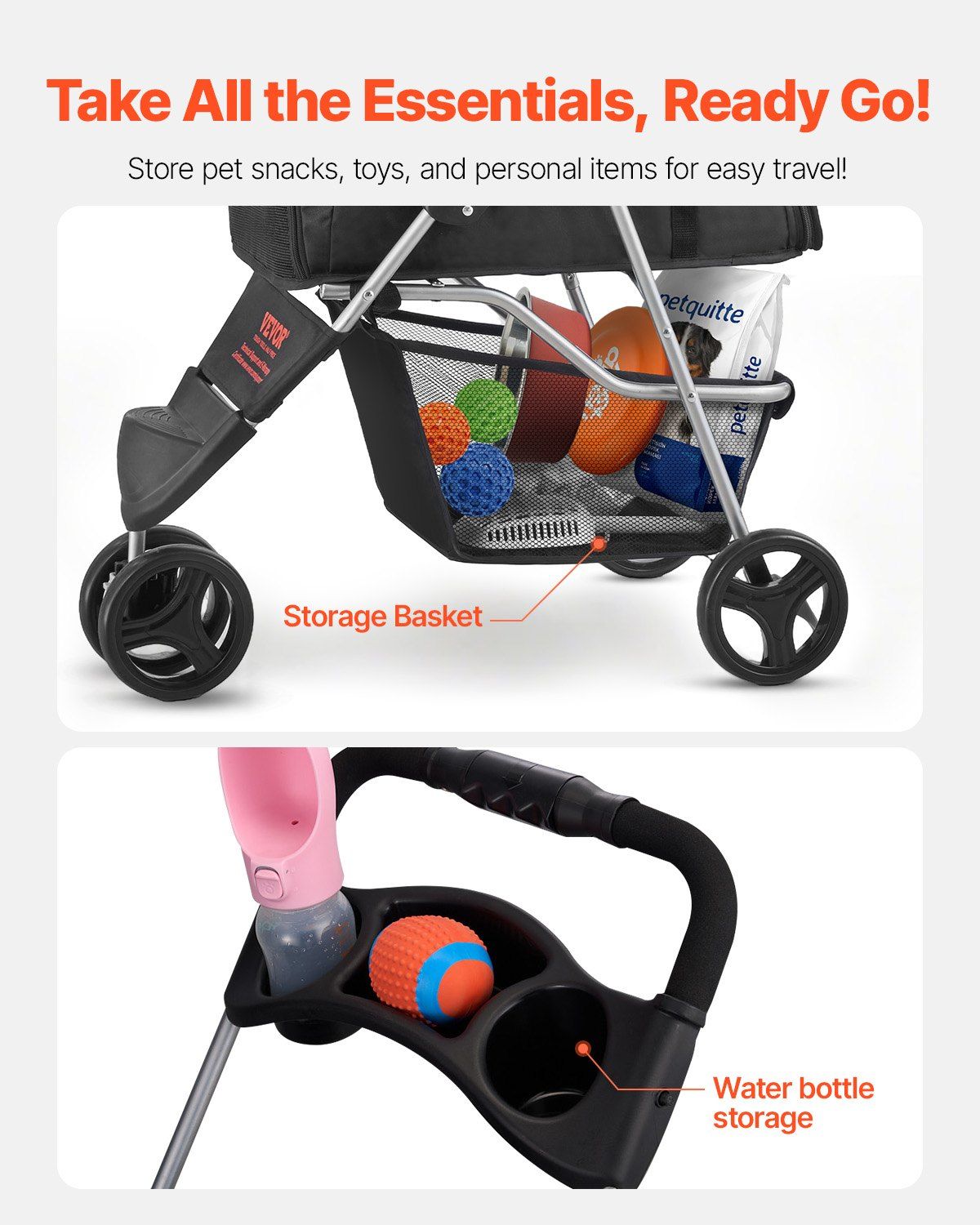 Pet Stroller, 16KG Weight Capacity, Foldable Dog Stroller Cart, 3 Wheels Cats Strollers with Mesh Windows and Cup Holders, Portable Pet Carrier Strollers with Brake, for Small to Medium Pets - Image 6
