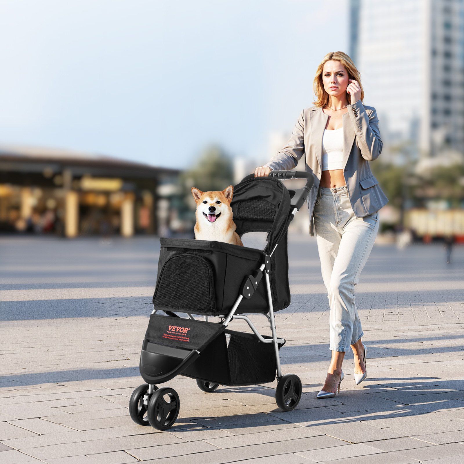 Pet Stroller, 16KG Weight Capacity, Foldable Dog Stroller Cart, 3 Wheels Cats Strollers with Mesh Windows and Cup Holders, Portable Pet Carrier Strollers with Brake, for Small to Medium Pets - Image 8