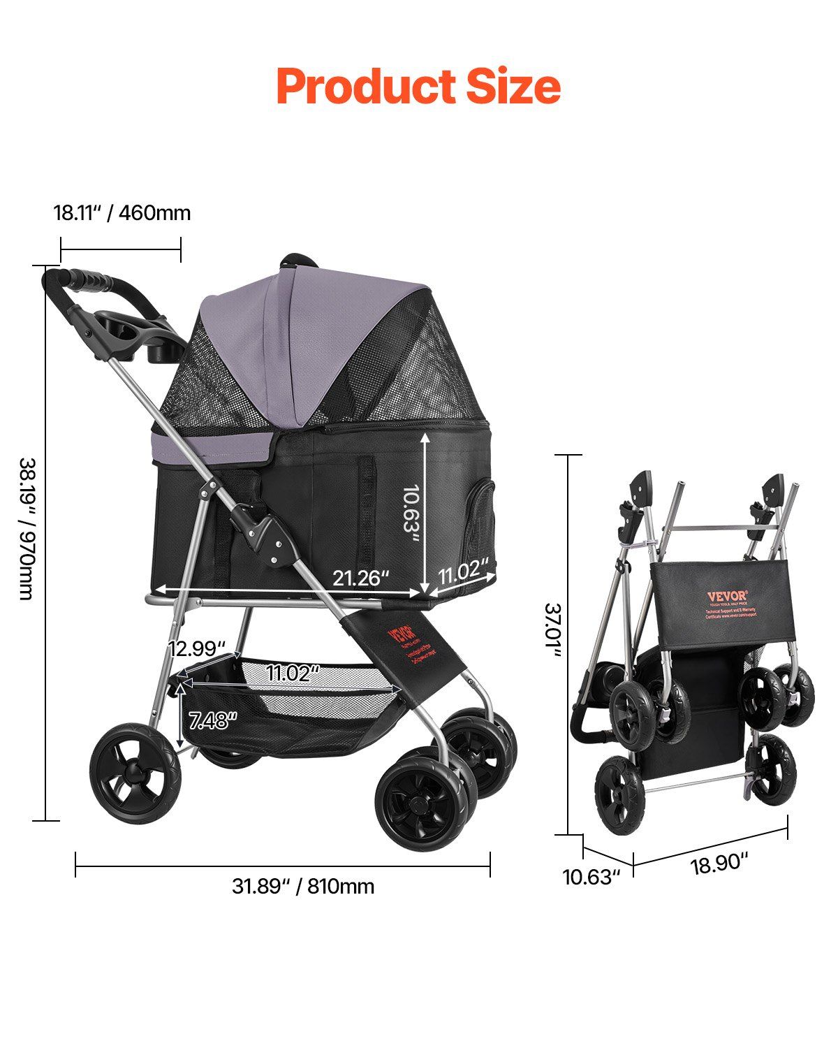 Pet Stroller, 16KG Weight Capacity, Foldable Dog Stroller Cart, 4 Wheels Cats Pram with Detachable Carrier & Mesh Windows, Portable Animal Carrier with Brake for Small to Medium Pets - Image 2