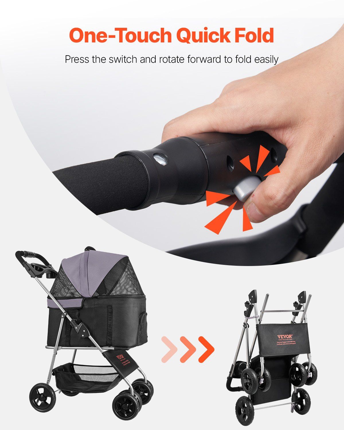 Pet Stroller, 16KG Weight Capacity, Foldable Dog Stroller Cart, 4 Wheels Cats Pram with Detachable Carrier & Mesh Windows, Portable Animal Carrier with Brake for Small to Medium Pets - Image 6