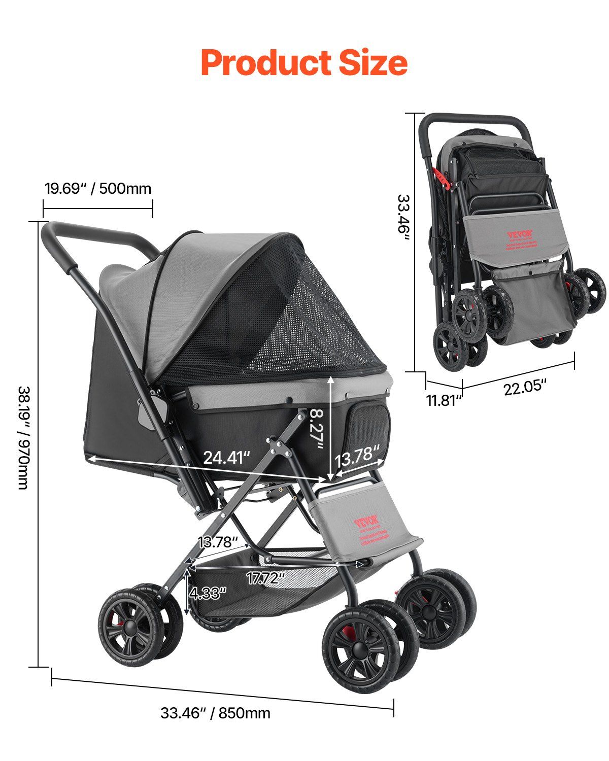 Pet Stroller, 20KG Weight Capacity, Foldable Dog Stroller Cart, 4 Wheels Cats Stroller with Mesh Windows & Revrsible Handle, Portable Pet Carrier Stroller with Brake, for Small to Medium Pets - Image 2