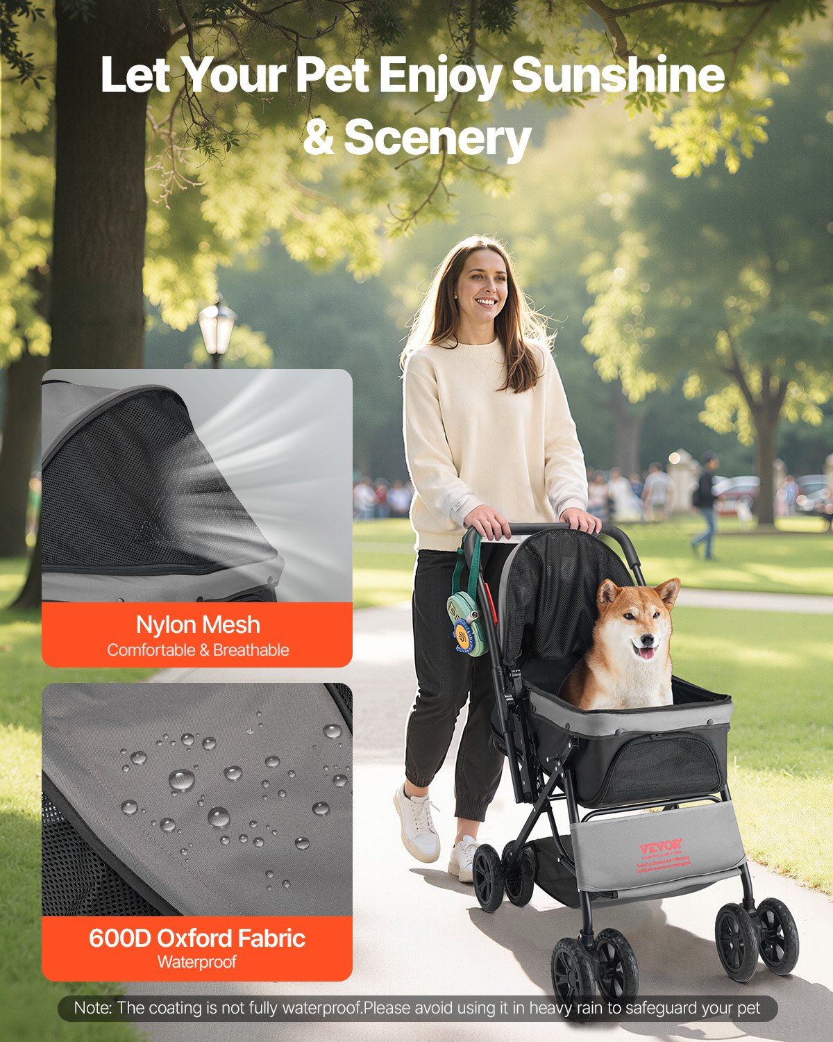 Pet Stroller, 20KG Weight Capacity, Foldable Dog Stroller Cart, 4 Wheels Cats Stroller with Mesh Windows & Revrsible Handle, Portable Pet Carrier Stroller with Brake, for Small to Medium Pets - Image 3