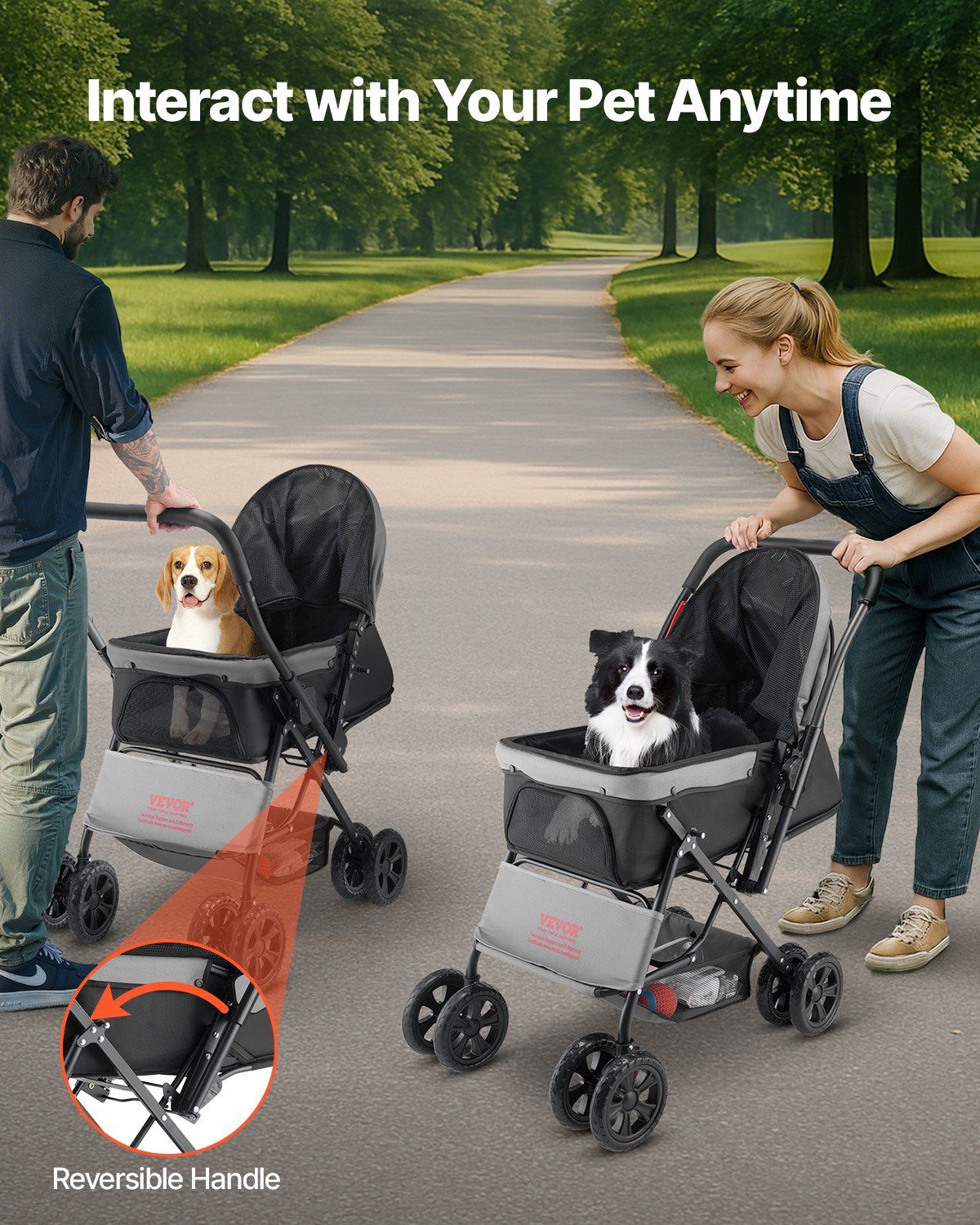 Pet Stroller, 20KG Weight Capacity, Foldable Dog Stroller Cart, 4 Wheels Cats Stroller with Mesh Windows & Revrsible Handle, Portable Pet Carrier Stroller with Brake, for Small to Medium Pets - Image 5