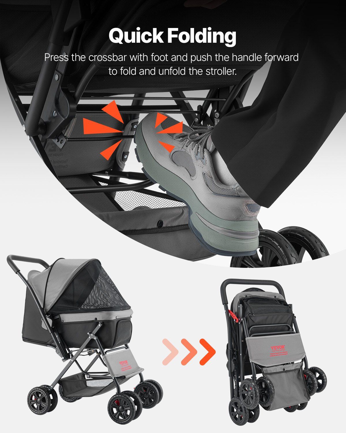 Pet Stroller, 20KG Weight Capacity, Foldable Dog Stroller Cart, 4 Wheels Cats Stroller with Mesh Windows & Revrsible Handle, Portable Pet Carrier Stroller with Brake, for Small to Medium Pets - Image 6