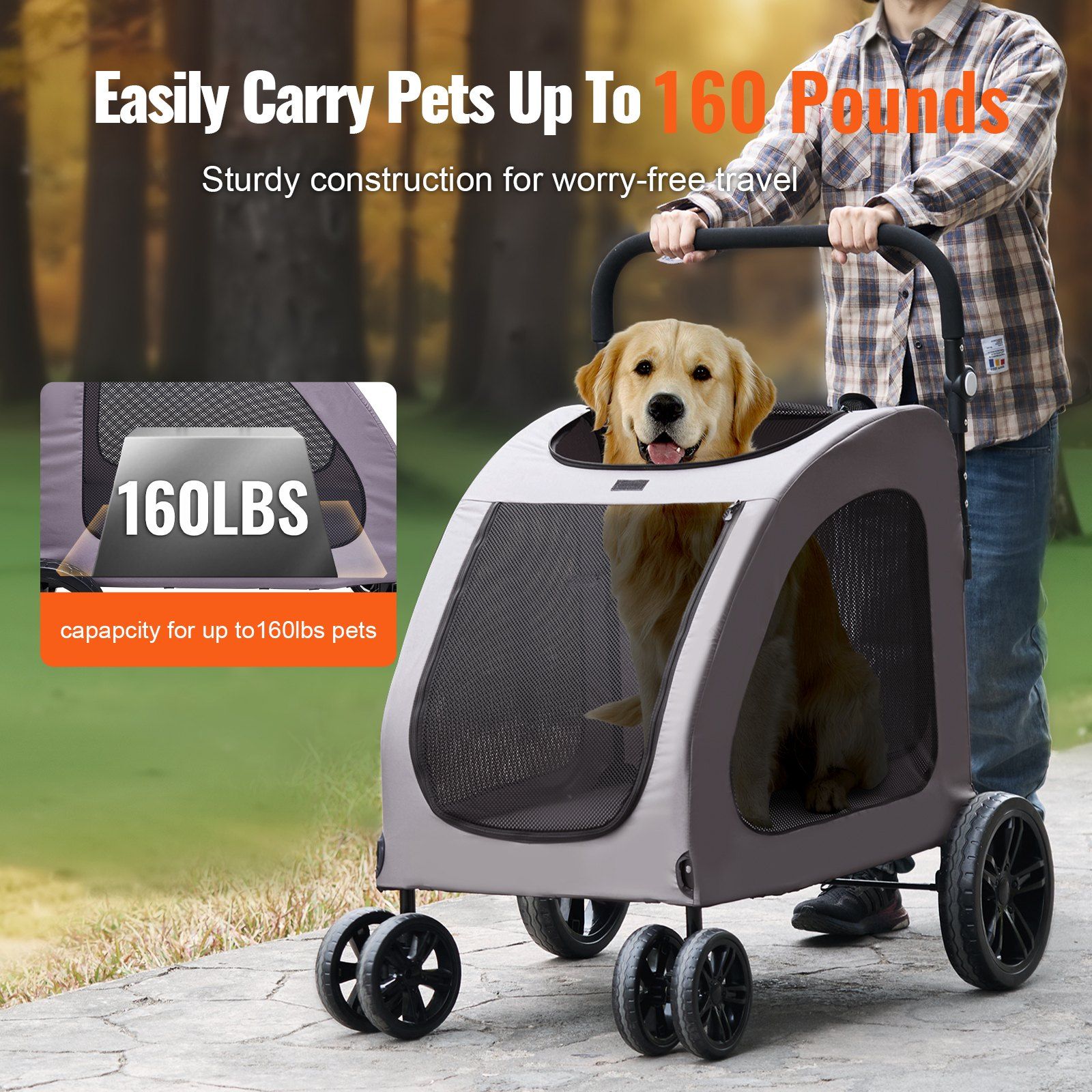 Pet Stroller, 4 Wheels Dog Stroller with Brakes, 160lbs Weight Capacity, Portable Puppy Stroller Carrier with Breathable Mesh Windows & Height-Adjustable Height, Animal Stroller for Cats & Dogs - Image 2