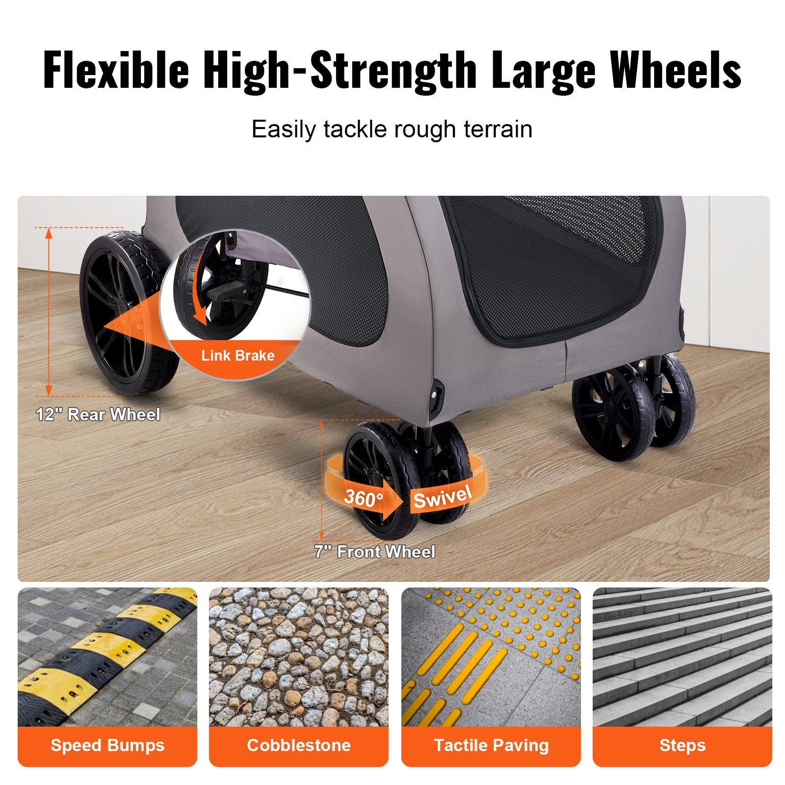 Pet Stroller, 4 Wheels Dog Stroller with Brakes, 160lbs Weight Capacity, Portable Puppy Stroller Carrier with Breathable Mesh Windows & Height-Adjustable Height, Animal Stroller for Cats & Dogs - Image 3