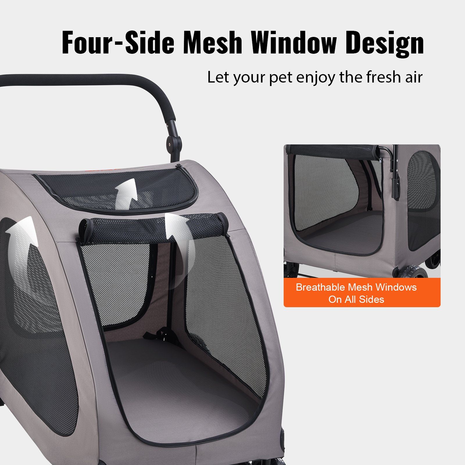 Pet Stroller, 4 Wheels Dog Stroller with Brakes, 160lbs Weight Capacity, Portable Puppy Stroller Carrier with Breathable Mesh Windows & Height-Adjustable Height, Animal Stroller for Cats & Dogs - Image 5