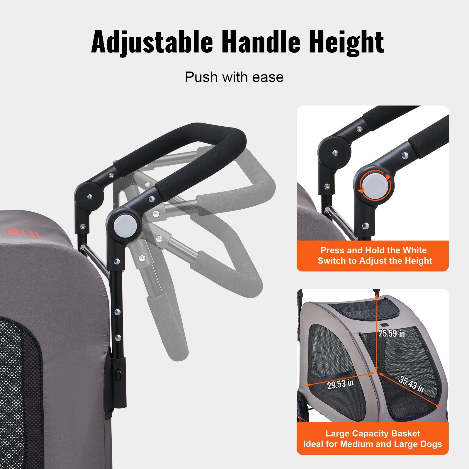 Pet Stroller, 4 Wheels Dog Stroller with Brakes, 160lbs Weight Capacity, Portable Puppy Stroller Carrier with Breathable Mesh Windows & Height-Adjustable Height, Animal Stroller for Cats & Dogs - Image 6