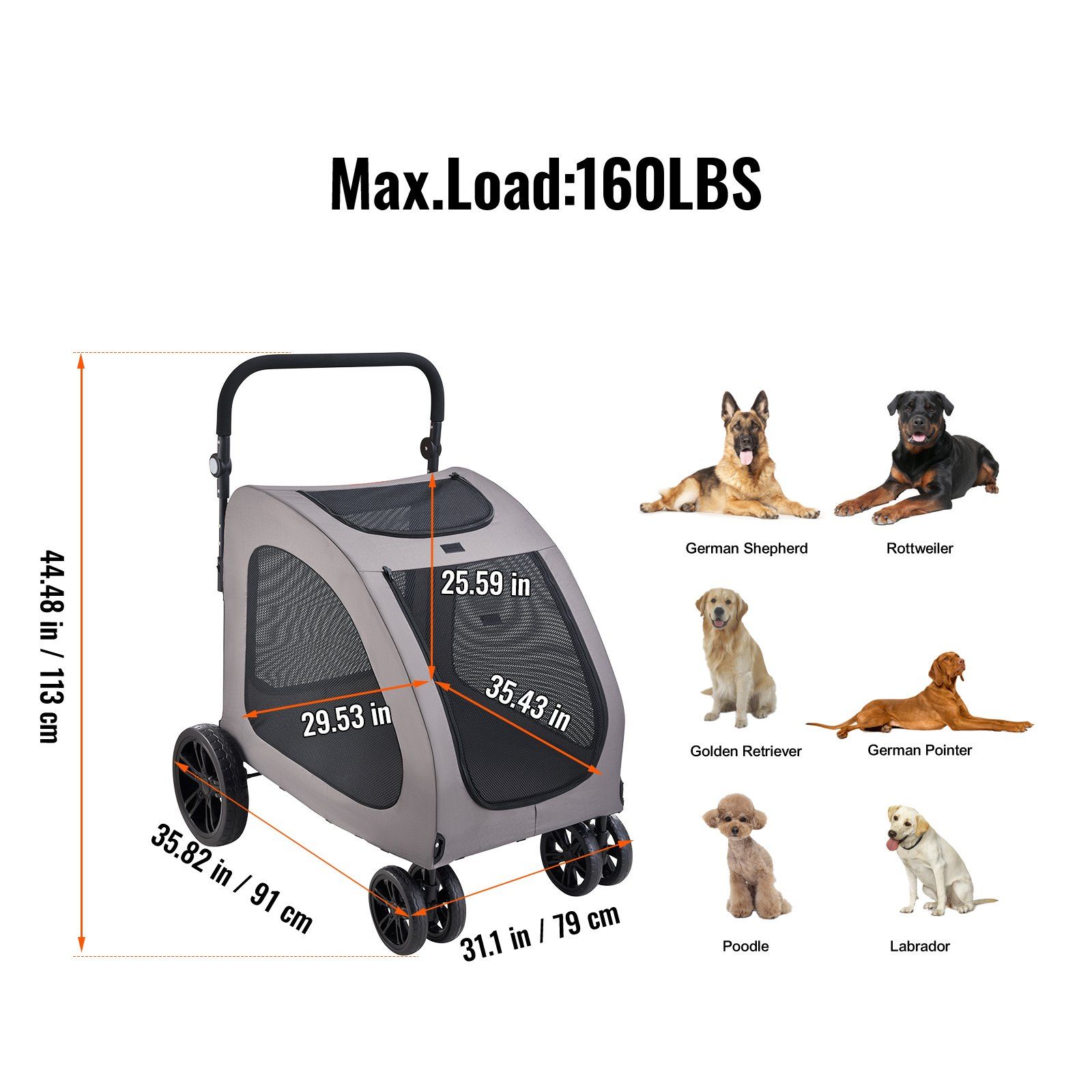Pet Stroller, 4 Wheels Dog Stroller with Brakes, 160lbs Weight Capacity, Portable Puppy Stroller Carrier with Breathable Mesh Windows & Height-Adjustable Height, Animal Stroller for Cats & Dogs - Image 7