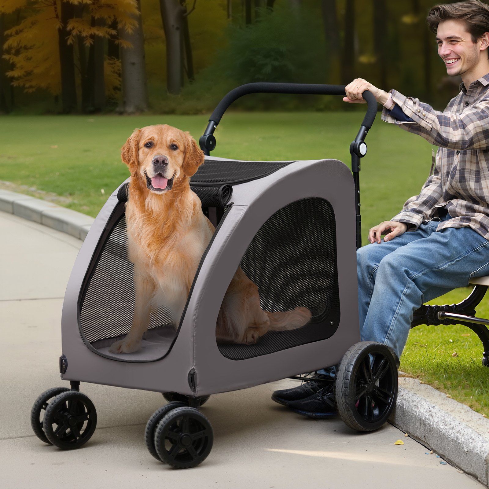 Pet Stroller, 4 Wheels Dog Stroller with Brakes, 160lbs Weight Capacity, Portable Puppy Stroller Carrier with Breathable Mesh Windows & Height-Adjustable Height, Animal Stroller for Cats & Dogs - Image 8
