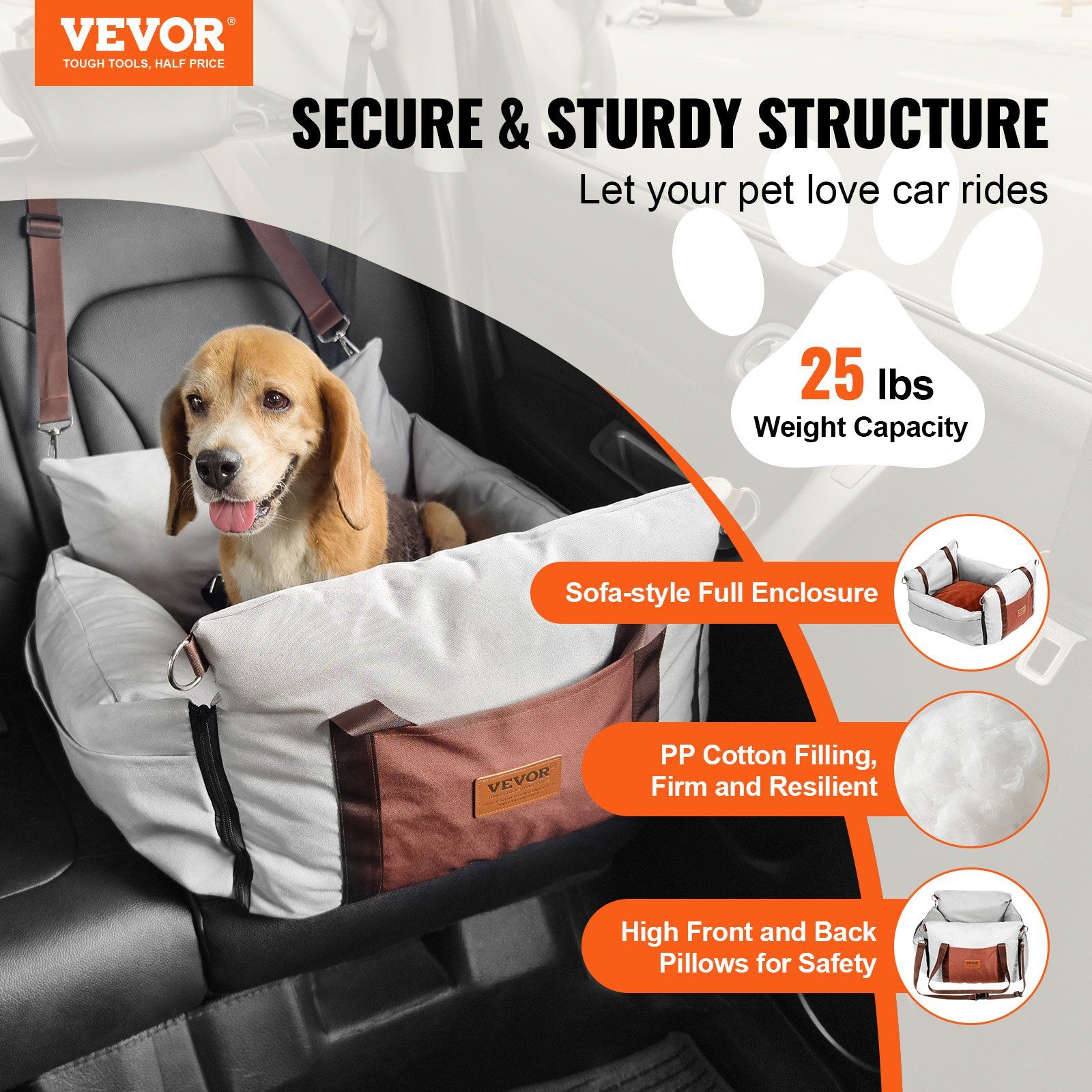 Dog Car Seat, Waterproof Dog Booster Seat for Car with Side Handles and A Storage Pocket, Clip-On Safety Leash and PP Cotton Filling, Dog Car Bed for Small Dog up to 11.3 kg, Gray - Image 2