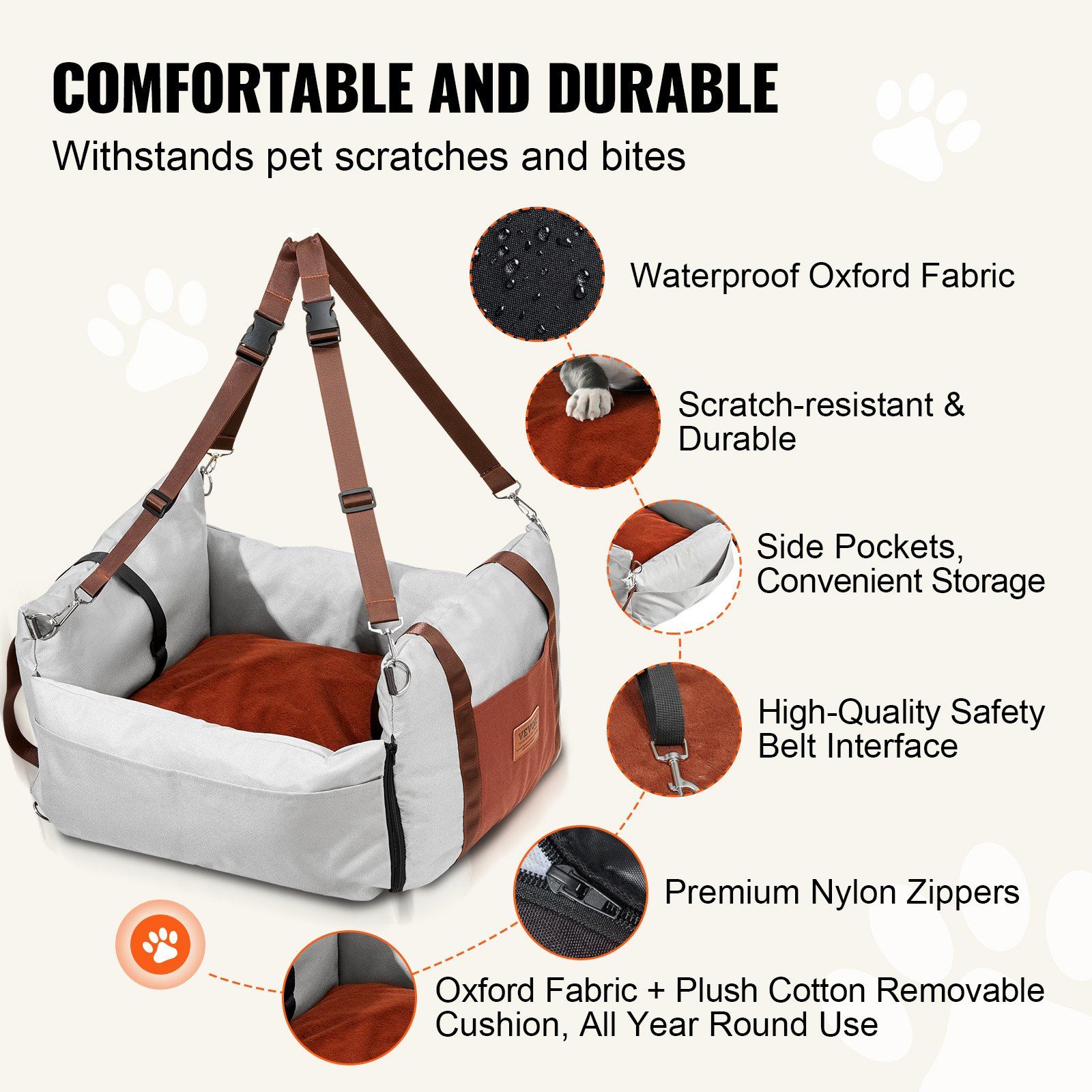 Dog Car Seat, Waterproof Dog Booster Seat for Car with Side Handles and A Storage Pocket, Clip-On Safety Leash and PP Cotton Filling, Dog Car Bed for Small Dog up to 11.3 kg, Gray - Image 3