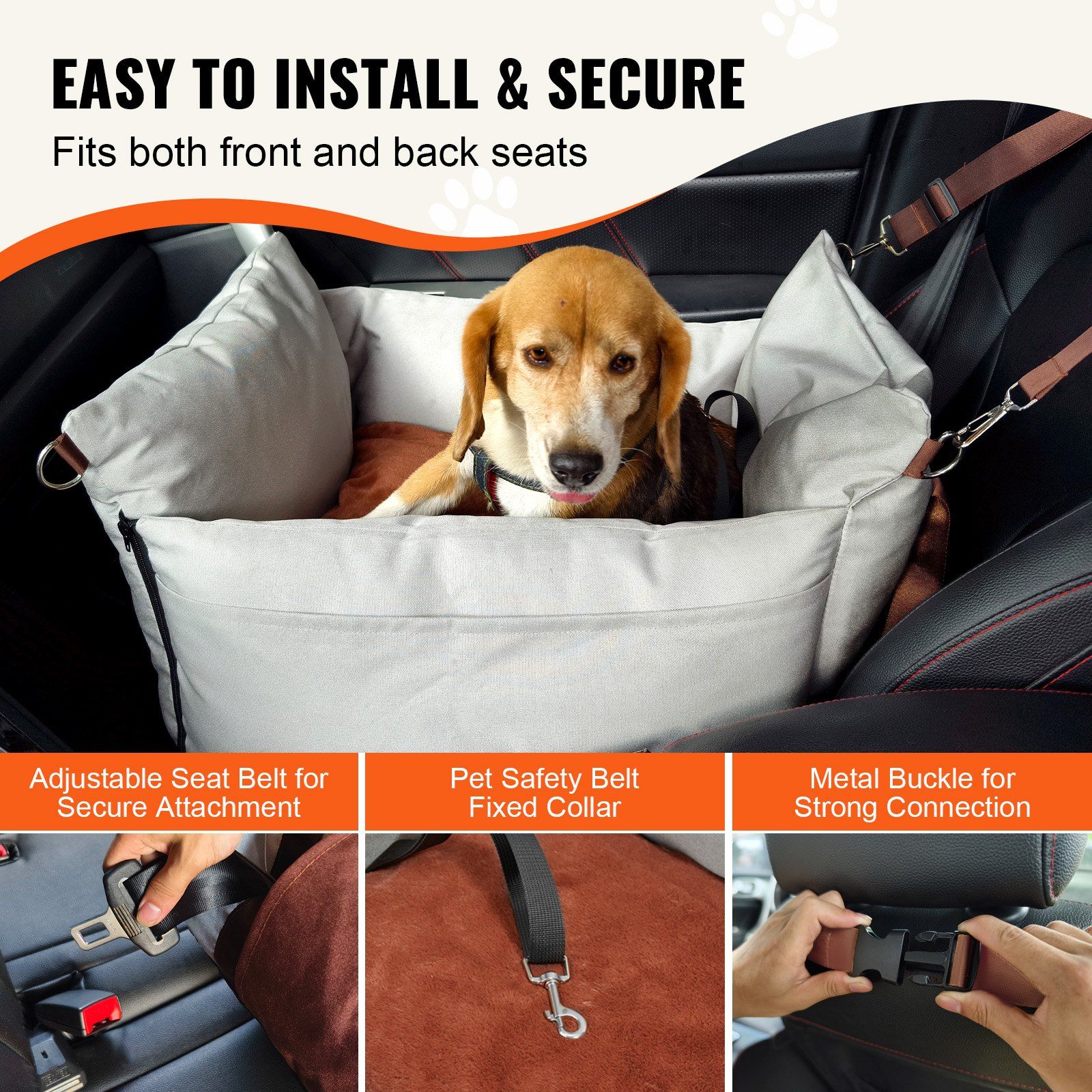 Dog Car Seat, Waterproof Dog Booster Seat for Car with Side Handles and A Storage Pocket, Clip-On Safety Leash and PP Cotton Filling, Dog Car Bed for Small Dog up to 11.3 kg, Gray - Image 4