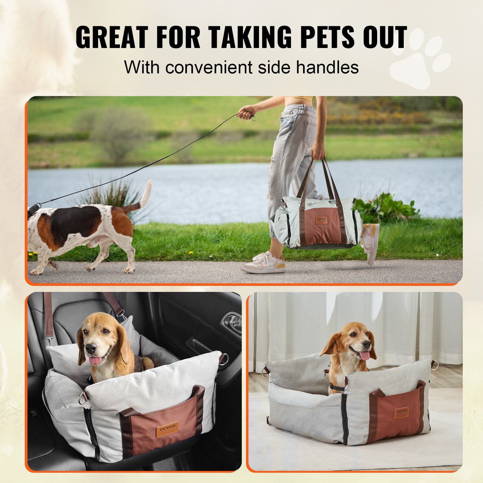 Dog Car Seat, Waterproof Dog Booster Seat for Car with Side Handles and A Storage Pocket, Clip-On Safety Leash and PP Cotton Filling, Dog Car Bed for Small Dog up to 11.3 kg, Gray - Image 6