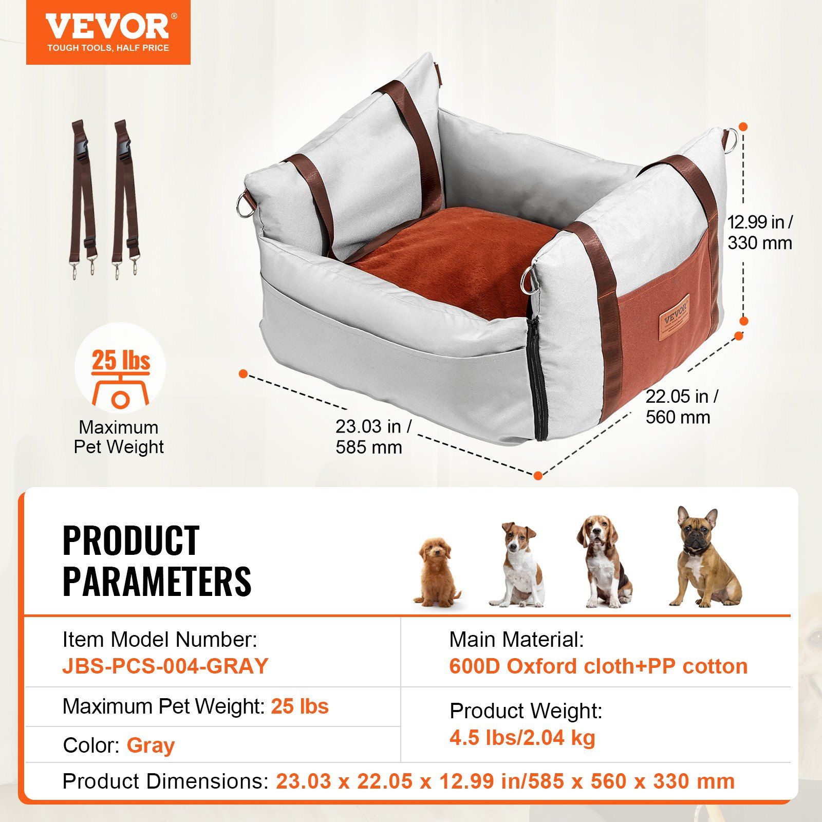 Dog Car Seat, Waterproof Dog Booster Seat for Car with Side Handles and A Storage Pocket, Clip-On Safety Leash and PP Cotton Filling, Dog Car Bed for Small Dog up to 11.3 kg, Gray - Image 7