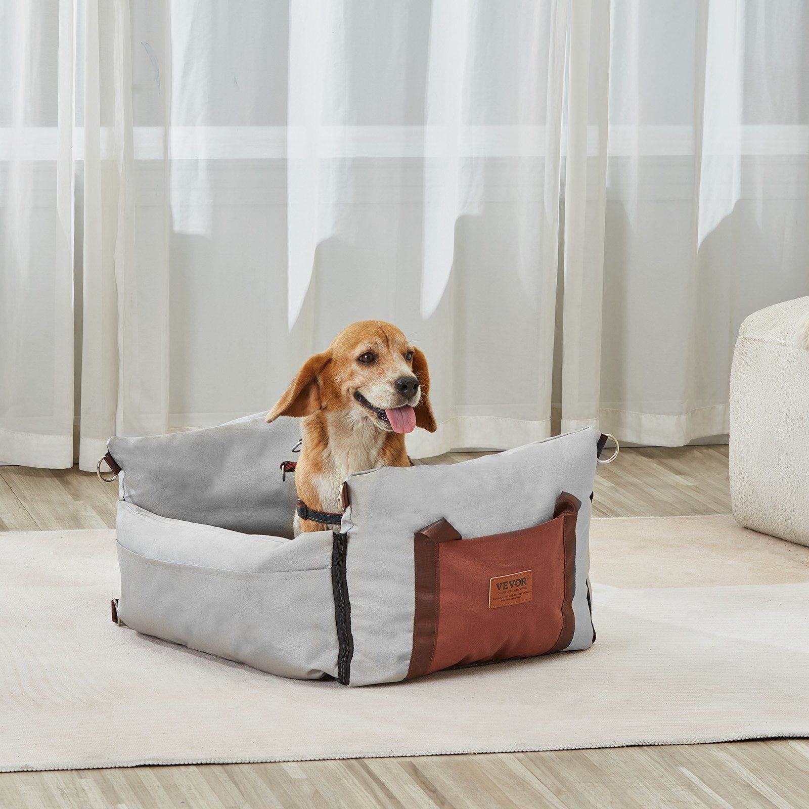 Dog Car Seat, Waterproof Dog Booster Seat for Car with Side Handles and A Storage Pocket, Clip-On Safety Leash and PP Cotton Filling, Dog Car Bed for Small Dog up to 11.3 kg, Gray - Image 8