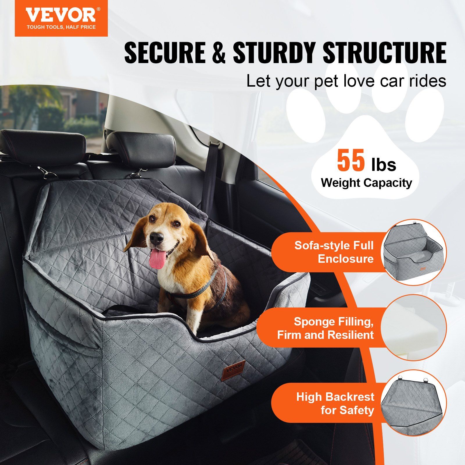 Dog Car Seat, Dog Booster Seat for Car with A Storage Pocket, Pet Car Seat with Clip-On Safety Leash, Sponge Filling, Dog Car Bed for Medium & Large Dog up to 24.9 kg, Gray - Image 2