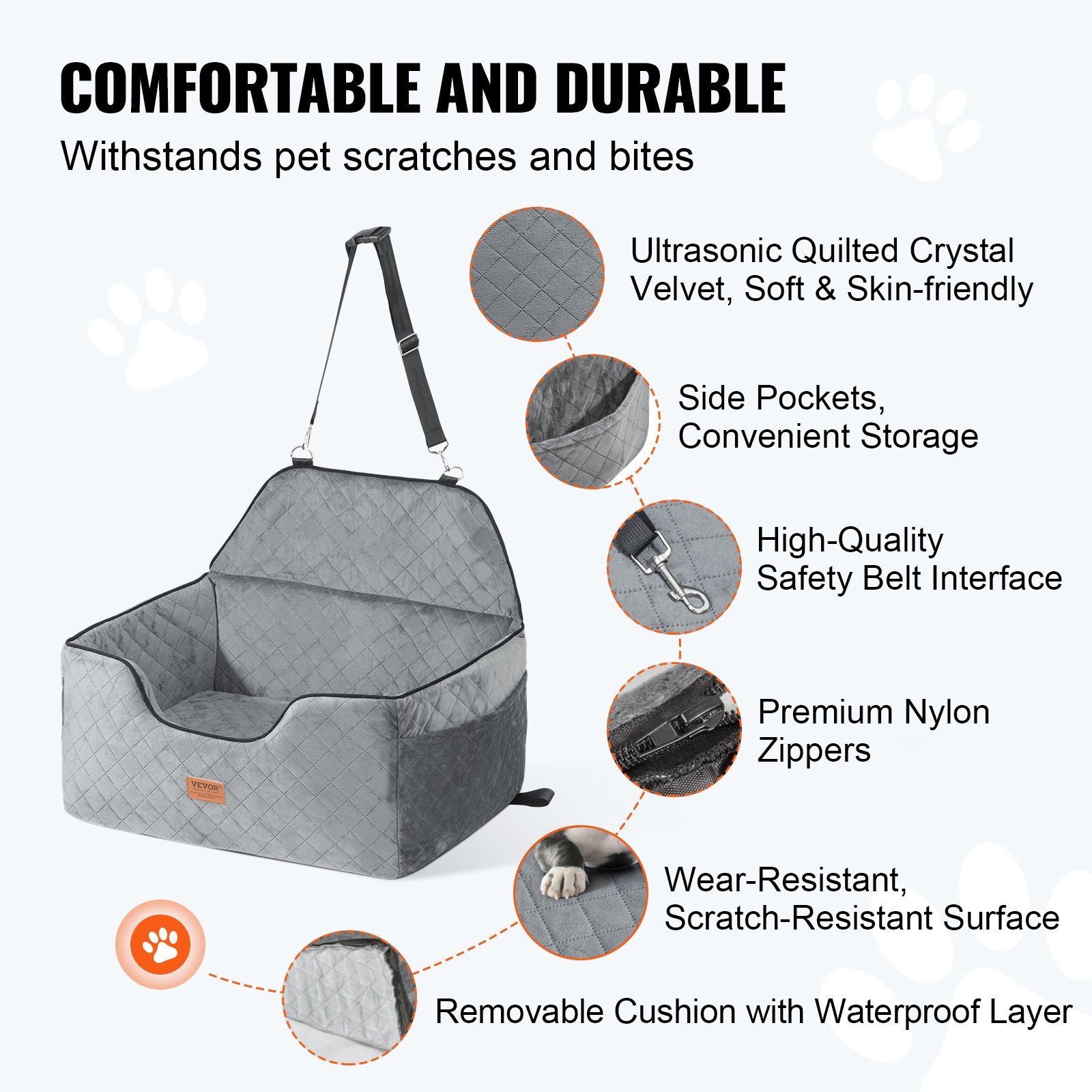 Dog Car Seat, Dog Booster Seat for Car with A Storage Pocket, Pet Car Seat with Clip-On Safety Leash, Sponge Filling, Dog Car Bed for Medium & Large Dog up to 24.9 kg, Gray - Image 3