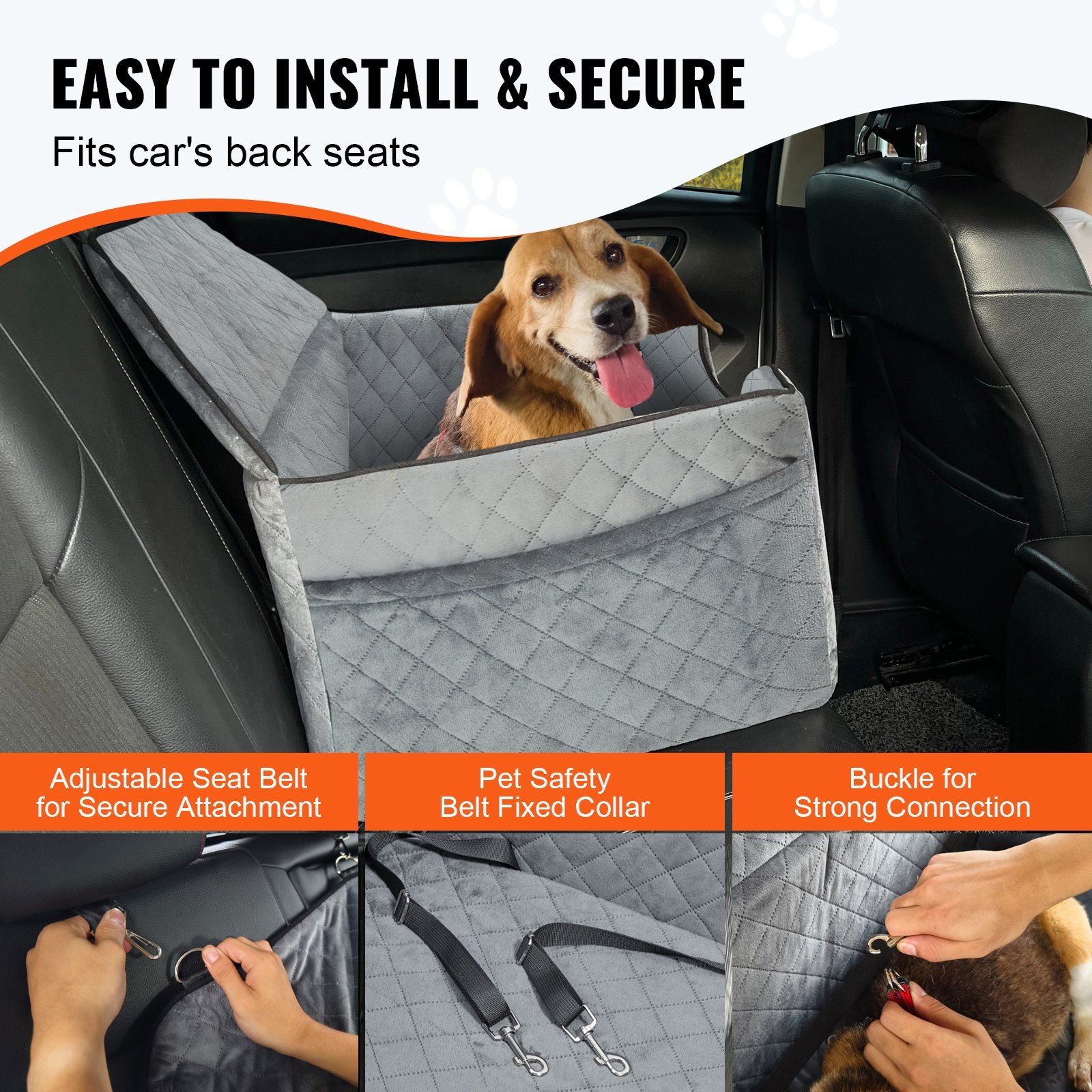 Dog Car Seat, Dog Booster Seat for Car with A Storage Pocket, Pet Car Seat with Clip-On Safety Leash, Sponge Filling, Dog Car Bed for Medium & Large Dog up to 24.9 kg, Gray - Image 4