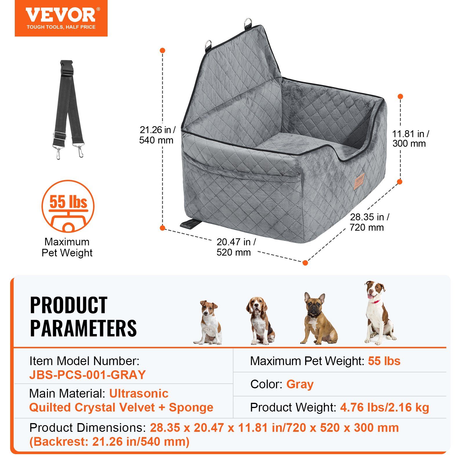 Dog Car Seat, Dog Booster Seat for Car with A Storage Pocket, Pet Car Seat with Clip-On Safety Leash, Sponge Filling, Dog Car Bed for Medium & Large Dog up to 24.9 kg, Gray - Image 7
