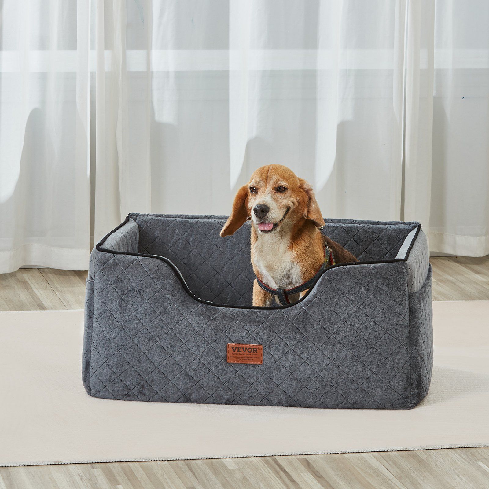 Dog Car Seat, Dog Booster Seat for Car with A Storage Pocket, Pet Car Seat with Clip-On Safety Leash, Sponge Filling, Dog Car Bed for Medium & Large Dog up to 24.9 kg, Gray - Image 8