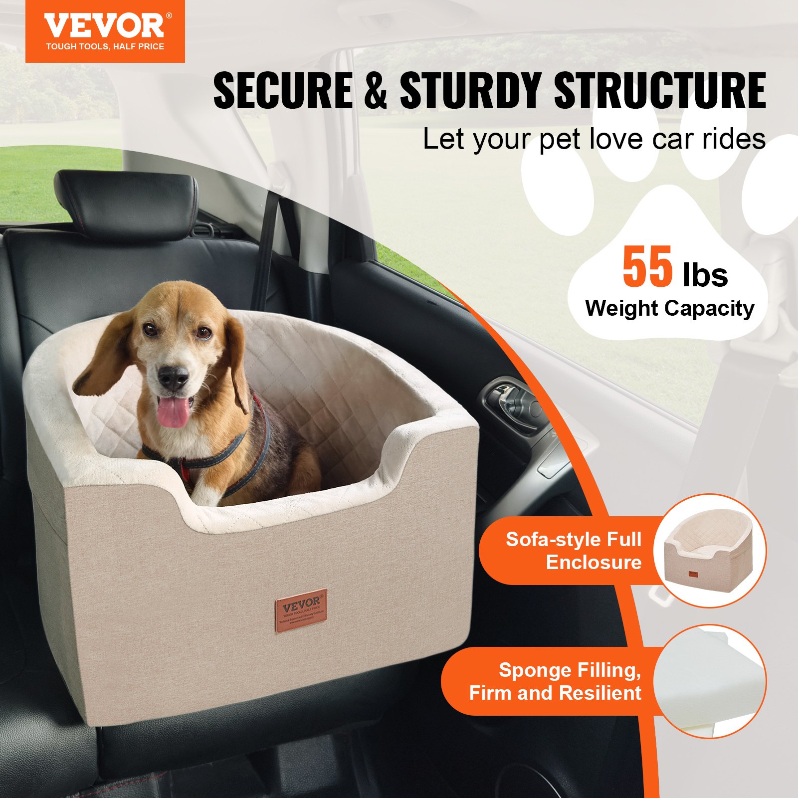 Dog Car Seat, Waterproof Dog Booster Seat for Car with A Storage Pocket, Clip-On Safety Leash and Sponge Filling, Dog Car Bed for Small & Medium Dog up to 24.9 kg, Brown - Image 2