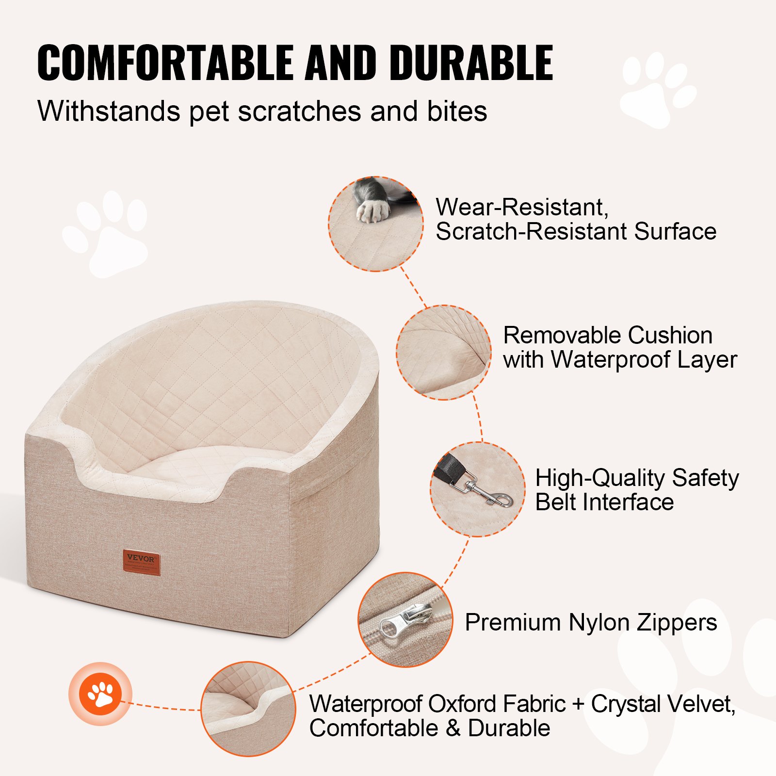 Dog Car Seat, Waterproof Dog Booster Seat for Car with A Storage Pocket, Clip-On Safety Leash and Sponge Filling, Dog Car Bed for Small & Medium Dog up to 24.9 kg, Brown - Image 3