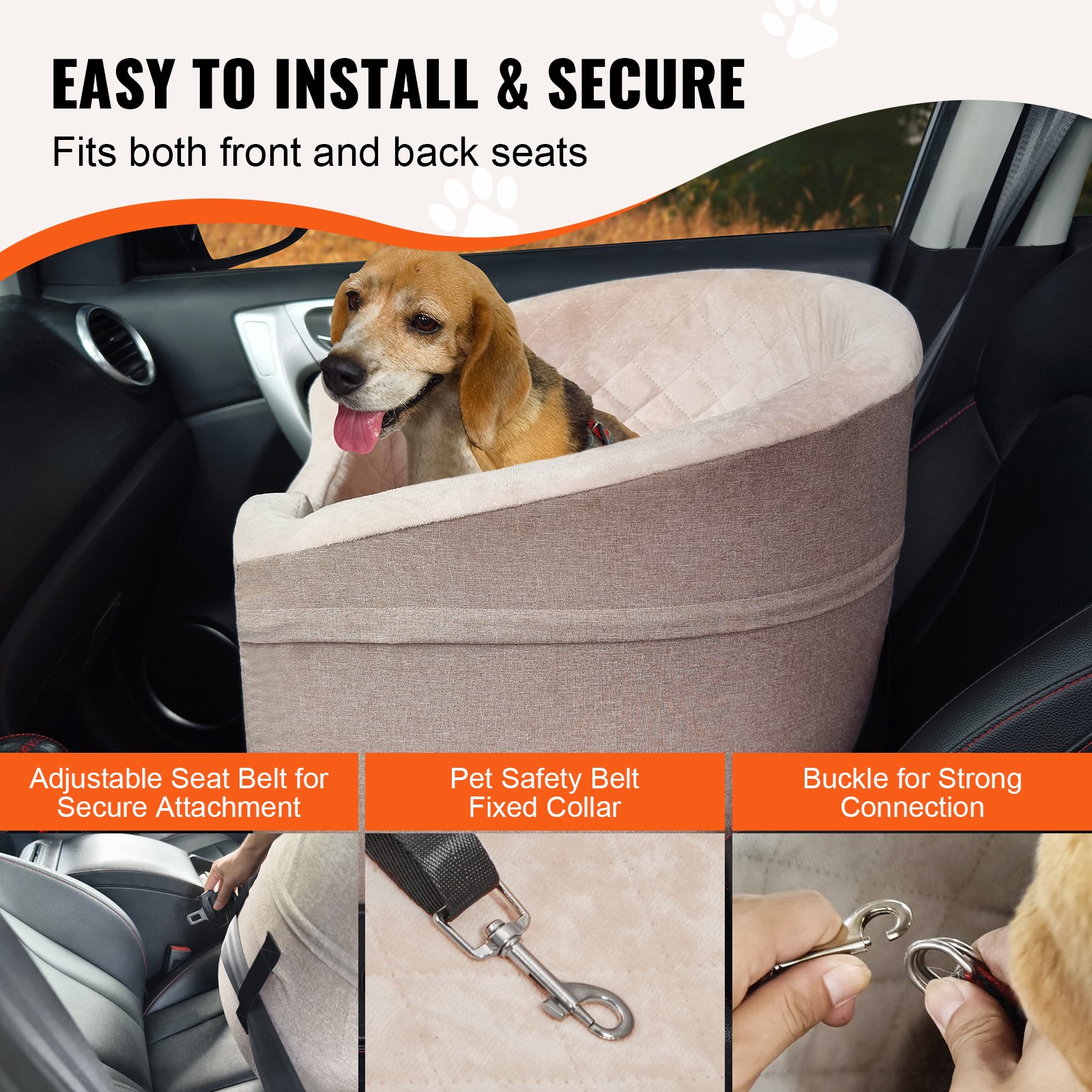 Dog Car Seat, Waterproof Dog Booster Seat for Car with A Storage Pocket, Clip-On Safety Leash and Sponge Filling, Dog Car Bed for Small & Medium Dog up to 24.9 kg, Brown - Image 4