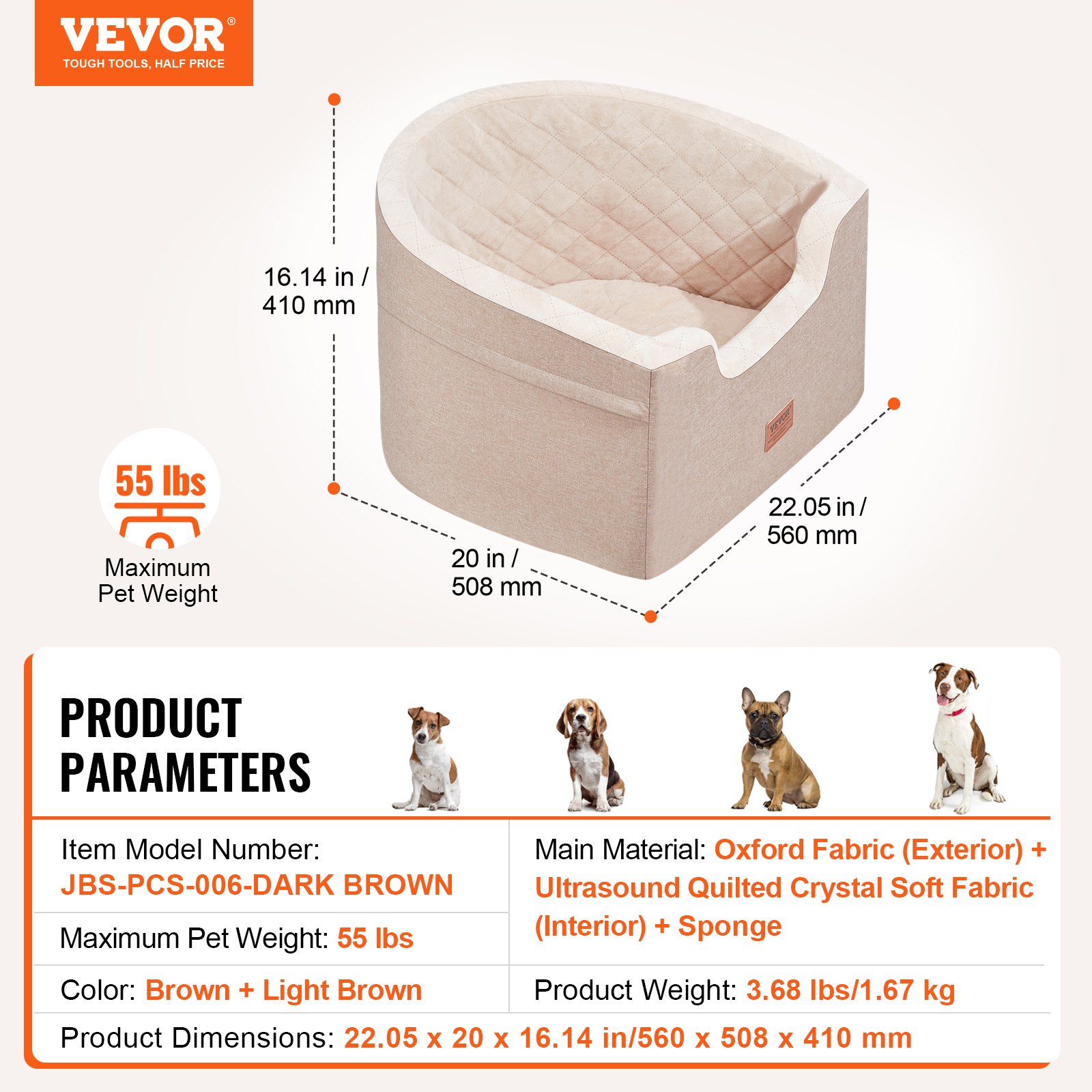 Dog Car Seat, Waterproof Dog Booster Seat for Car with A Storage Pocket, Clip-On Safety Leash and Sponge Filling, Dog Car Bed for Small & Medium Dog up to 24.9 kg, Brown - Image 7